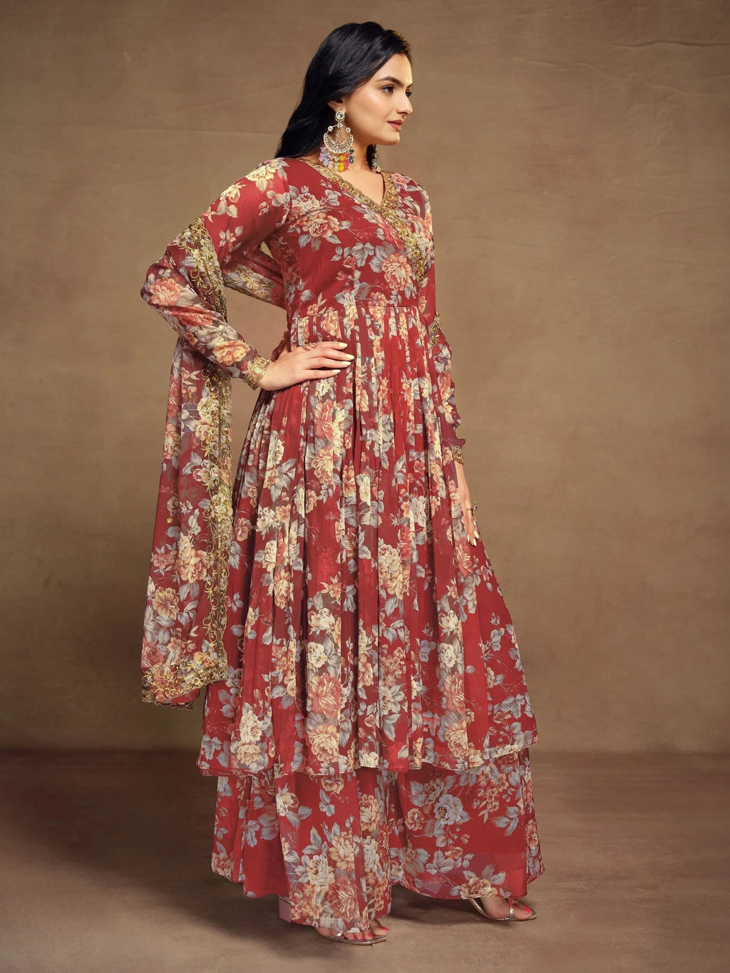 Precious Red Floral Printed Chiffon Function Wear Palazzo Suit