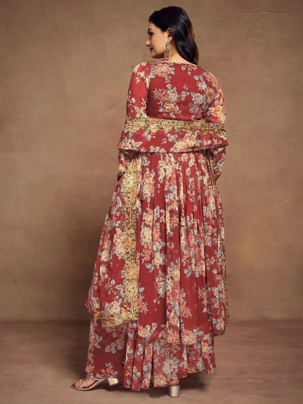 Precious Red Floral Printed Chiffon Function Wear Palazzo Suit