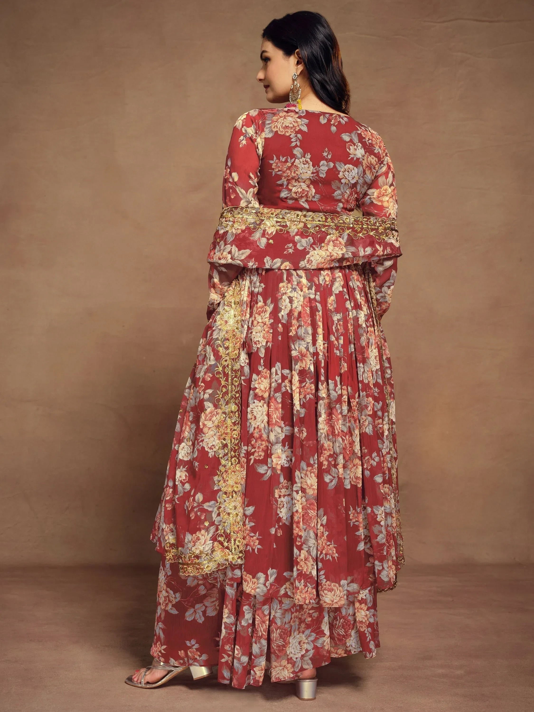 Precious Red Floral Printed Chiffon Function Wear Palazzo Suit