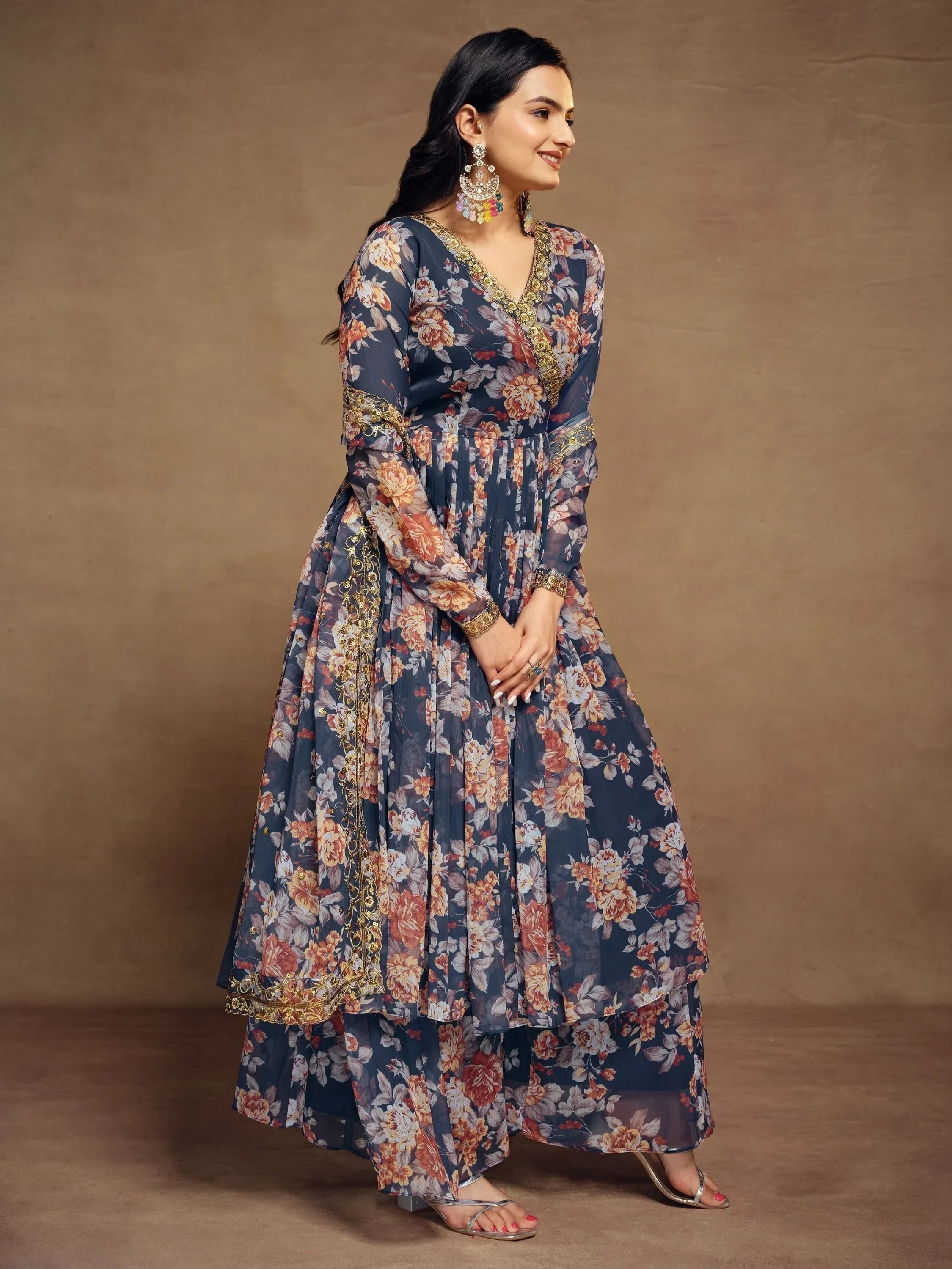 Attractive Blue Floral Printed Chiffon Festival Wear Palazzo Suit