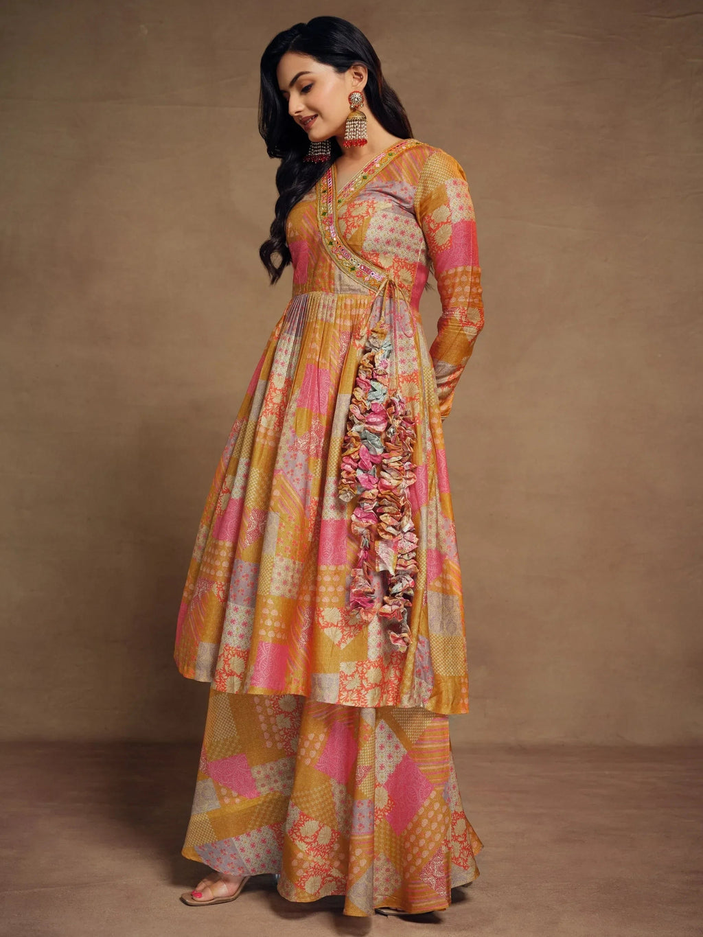 Glamorous Mustard Yellow Digital Printed Muslin Silk Palazzo Suit