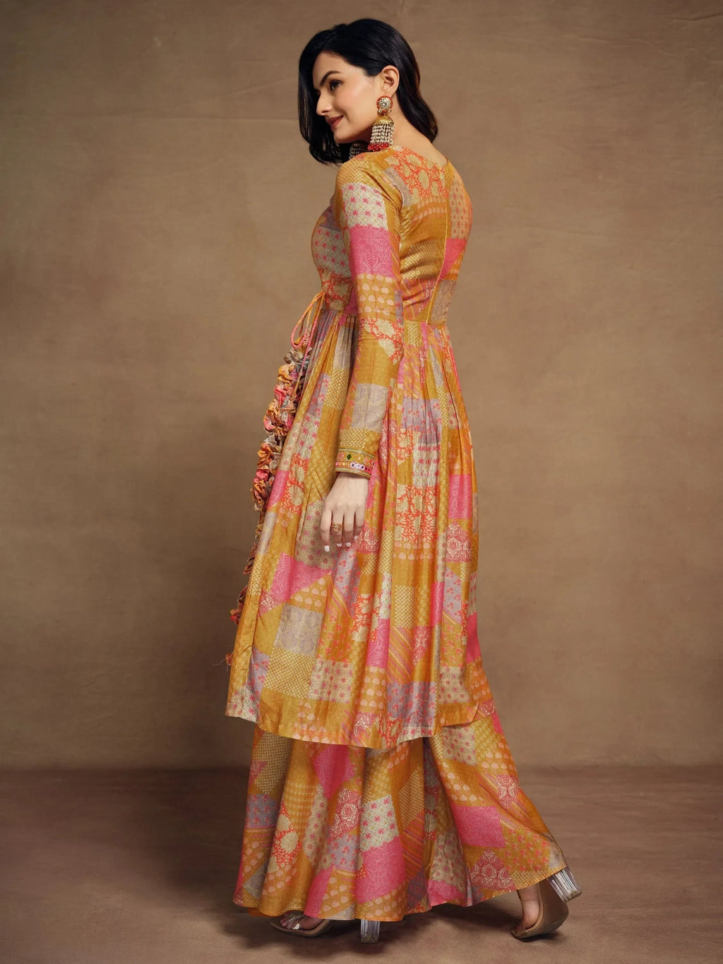 Glamorous Mustard Yellow Digital Printed Muslin Silk Palazzo Suit