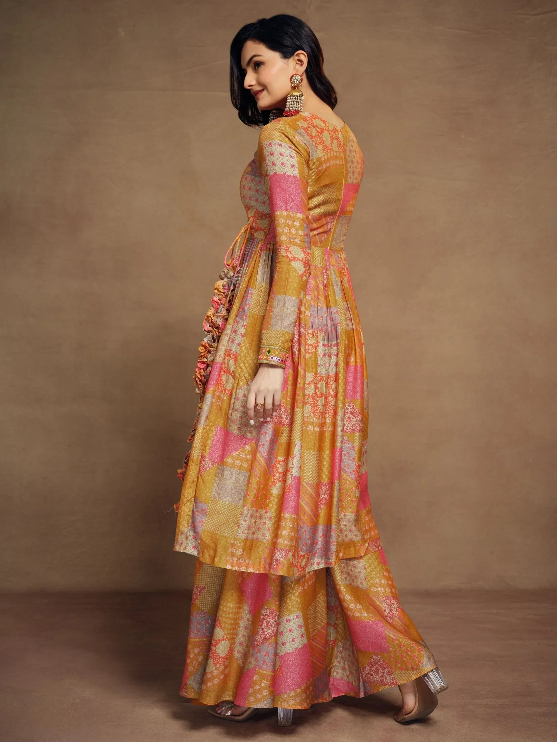 Glamorous Mustard Yellow Digital Printed Muslin Silk Palazzo Suit