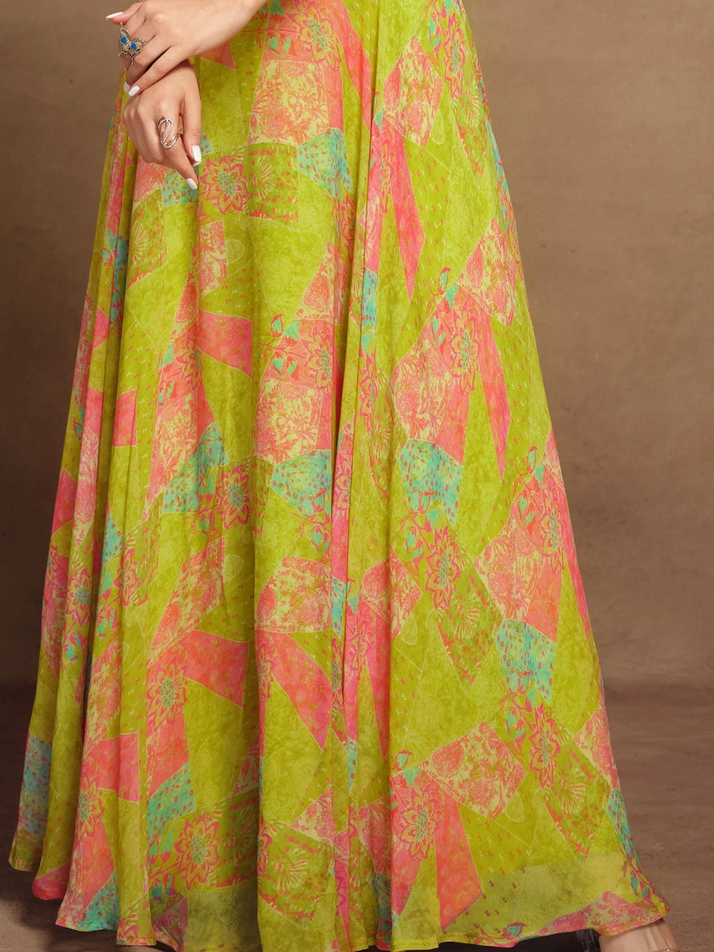 Enchanting Light Green Digital Printed Georgette Party Wear Gown