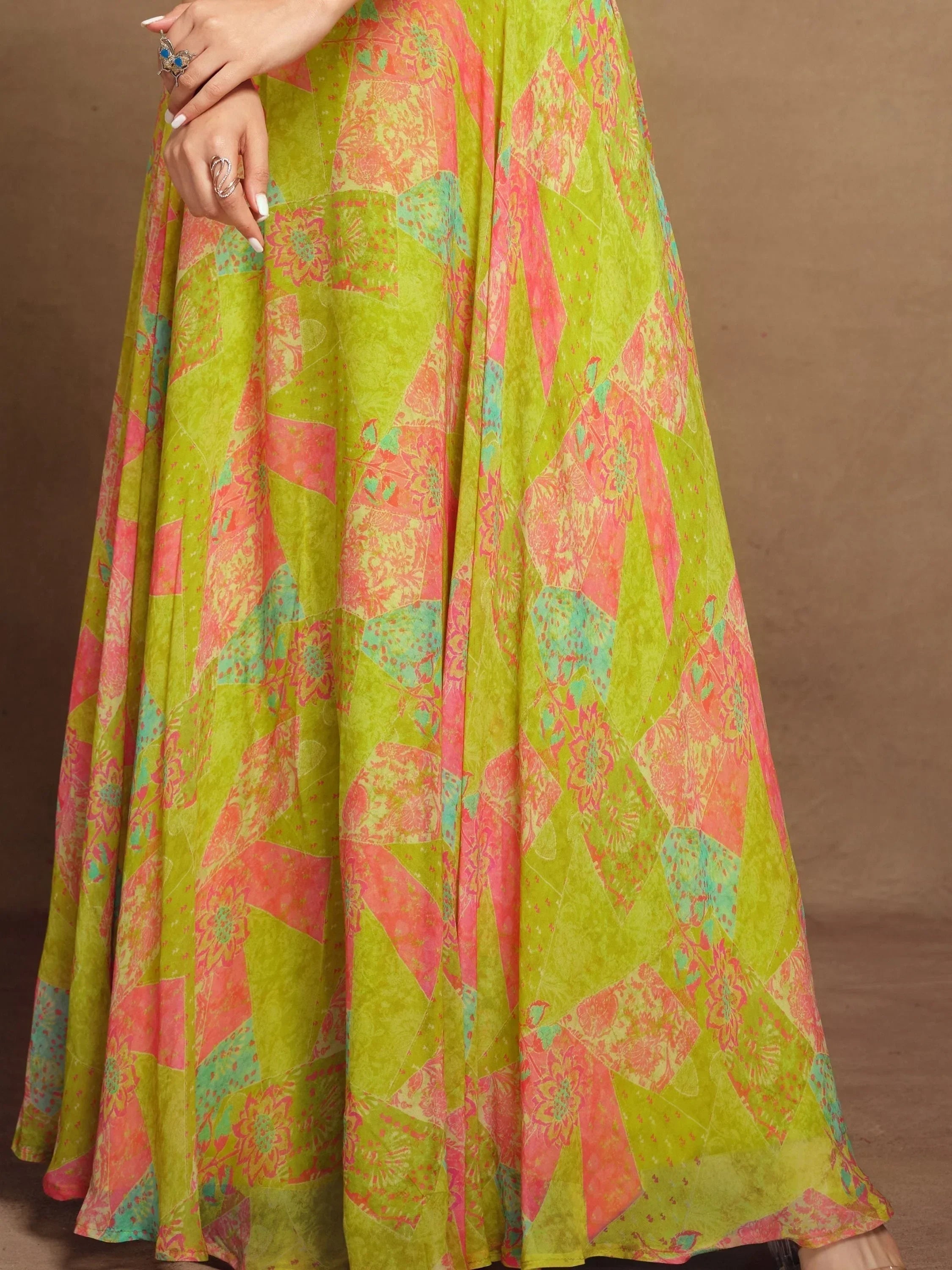 Enchanting Light Green Digital Printed Georgette Party Wear Gown