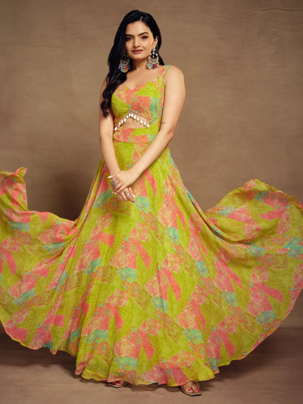 Enchanting Light Green Digital Printed Georgette Party Wear Gown