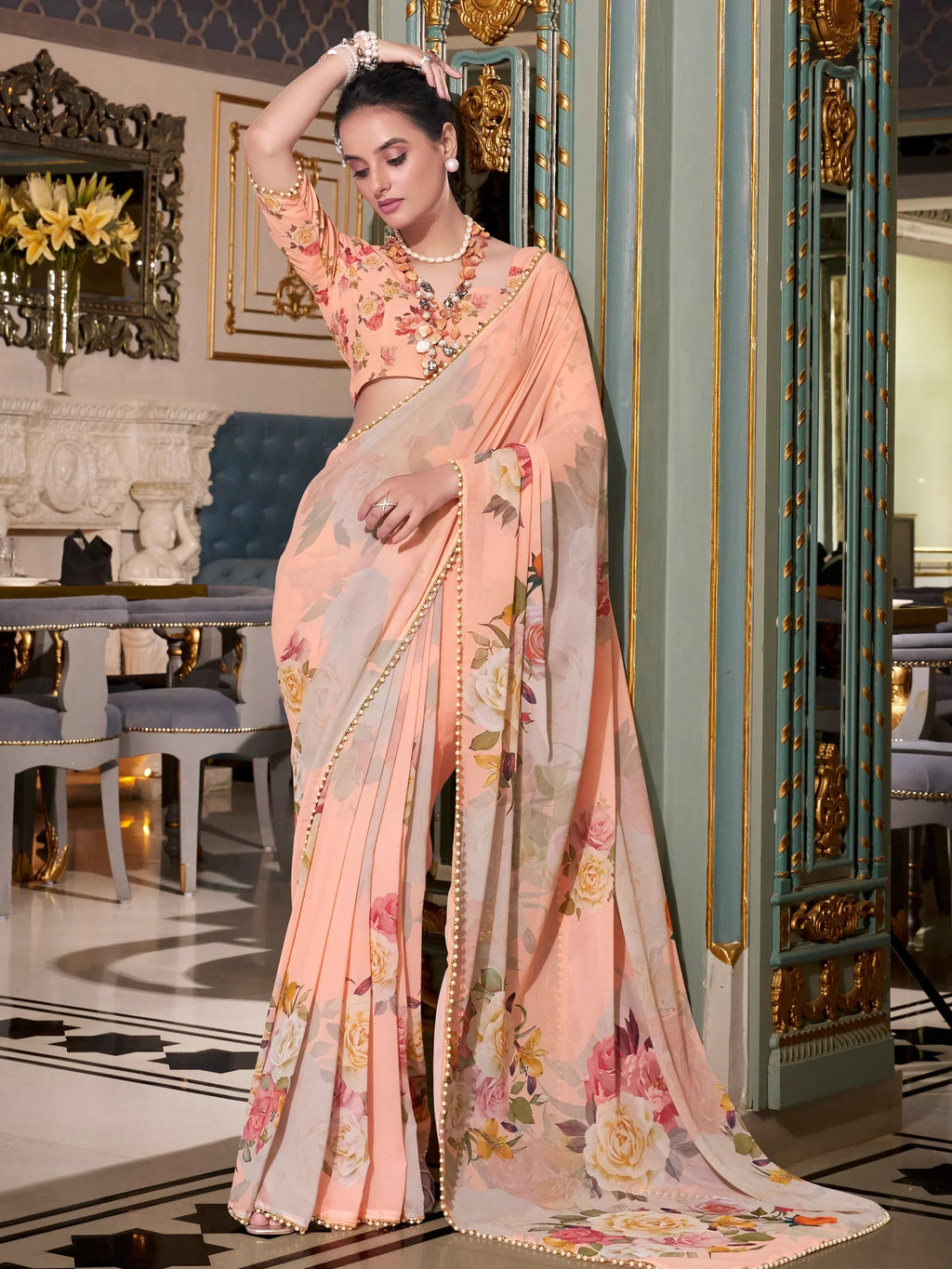 Peach Artistic Georgette Floral Printed Saree With Blouse