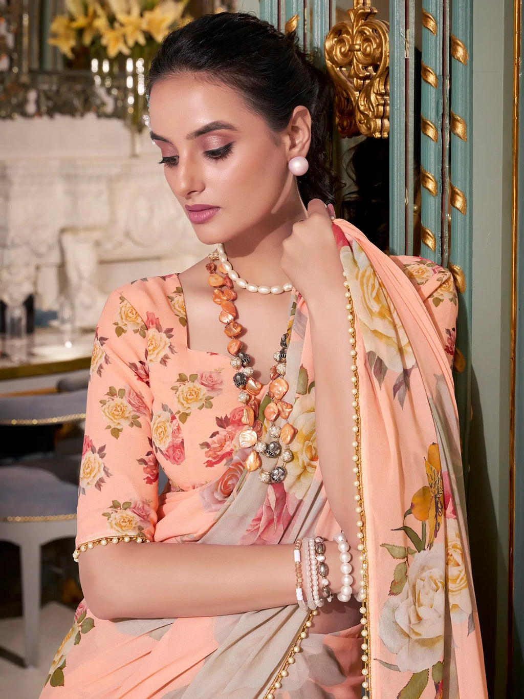 Peach Artistic Georgette Floral Printed Saree With Blouse