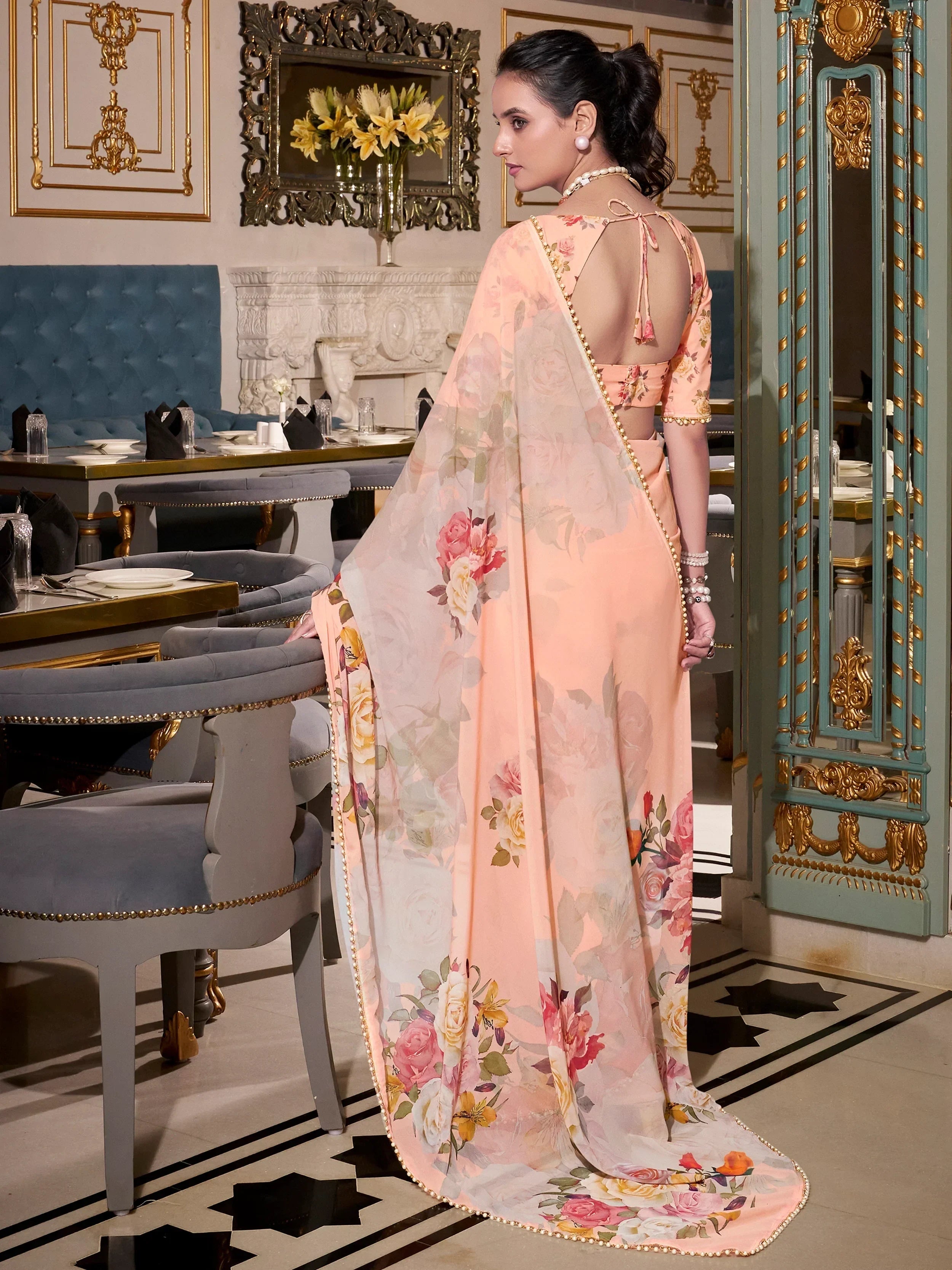 Peach Artistic Georgette Floral Printed Saree With Blouse