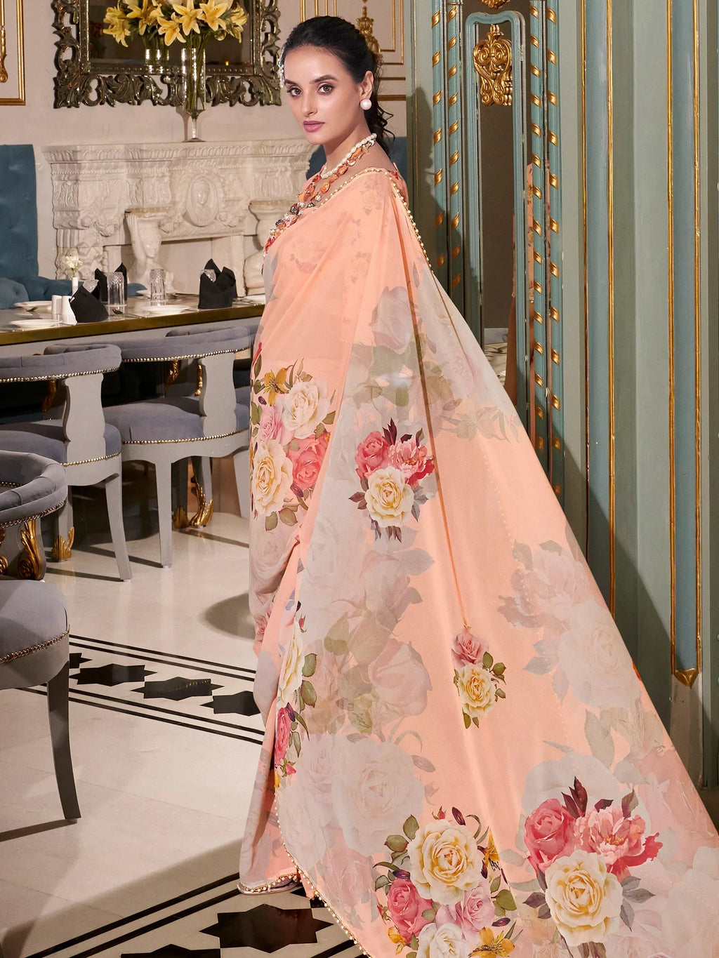 Peach Artistic Georgette Floral Printed Saree With Blouse