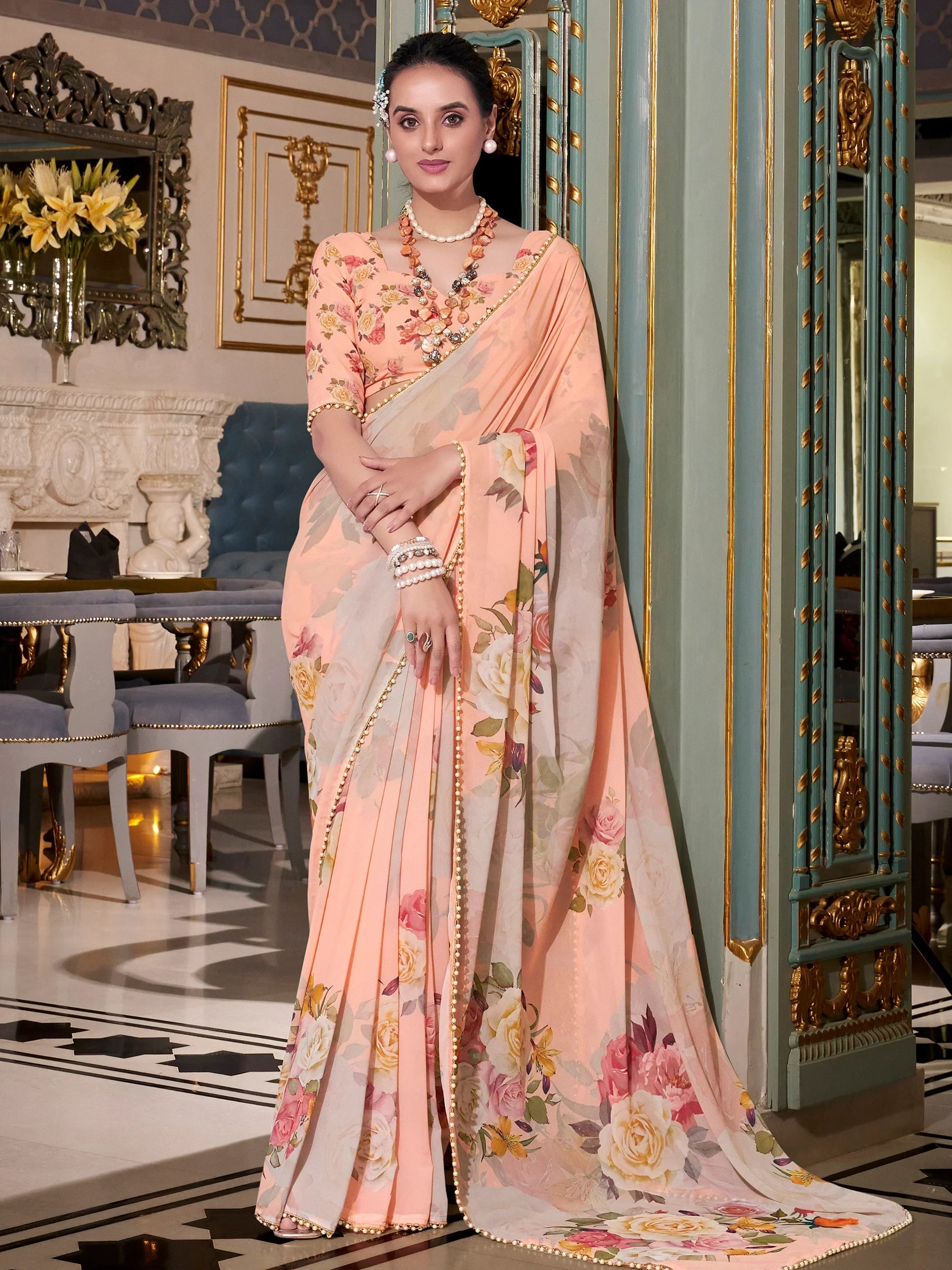 Peach Artistic Georgette Floral Printed Saree With Blouse