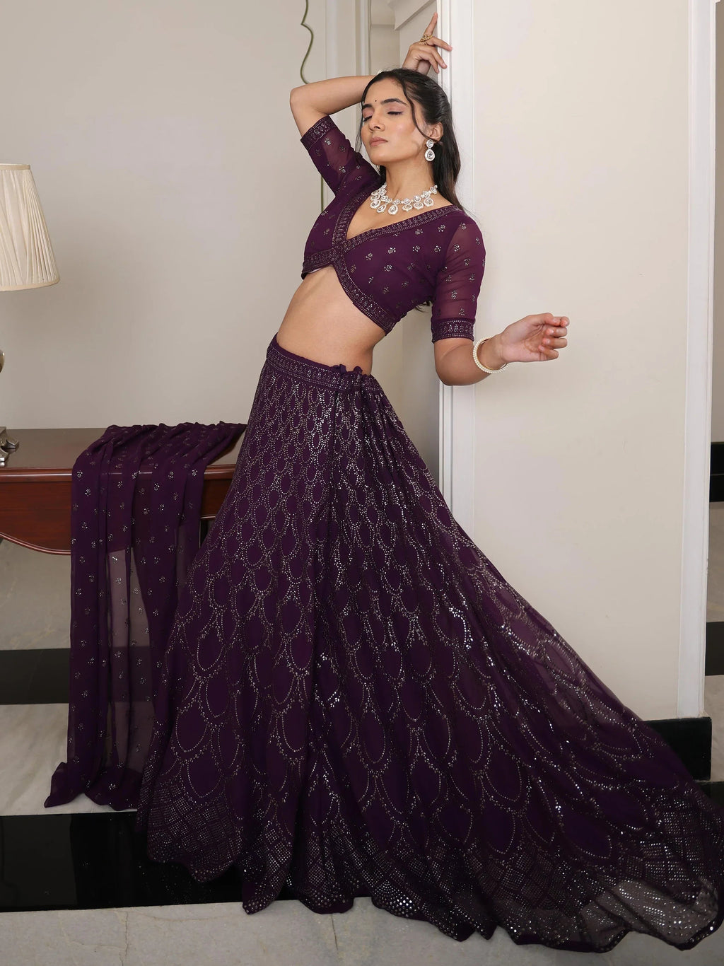 Wine Shimmering Georgette Embroidered Lehenga Choli With Dupatta