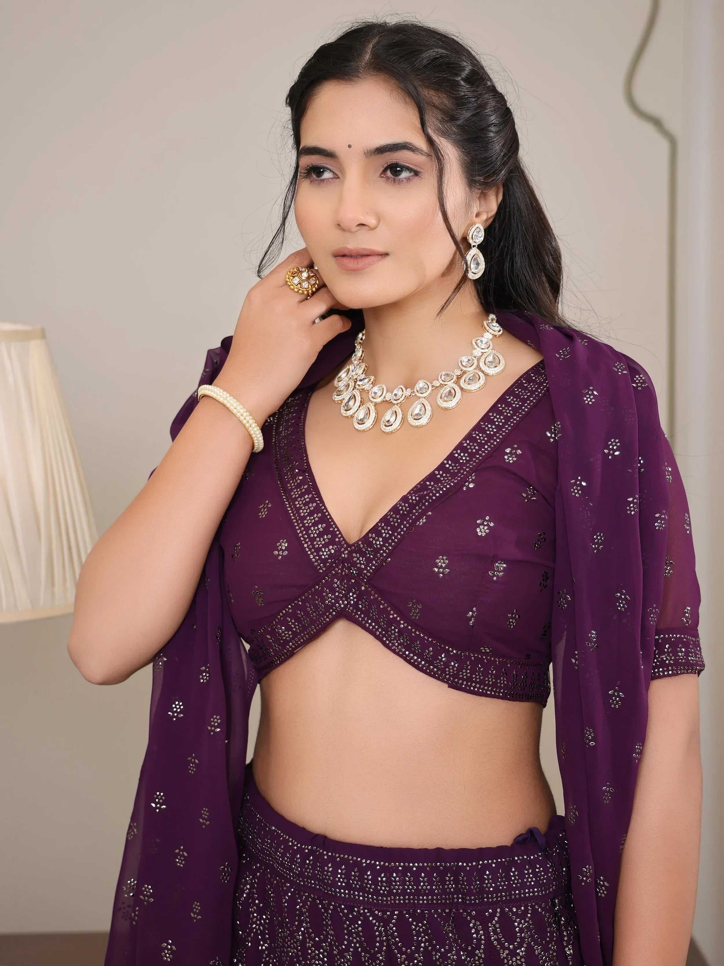 Wine Shimmering Georgette Embroidered Lehenga Choli With Dupatta