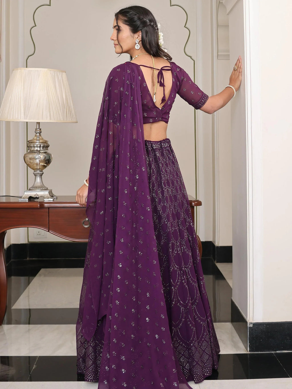 Wine Shimmering Georgette Embroidered Lehenga Choli With Dupatta