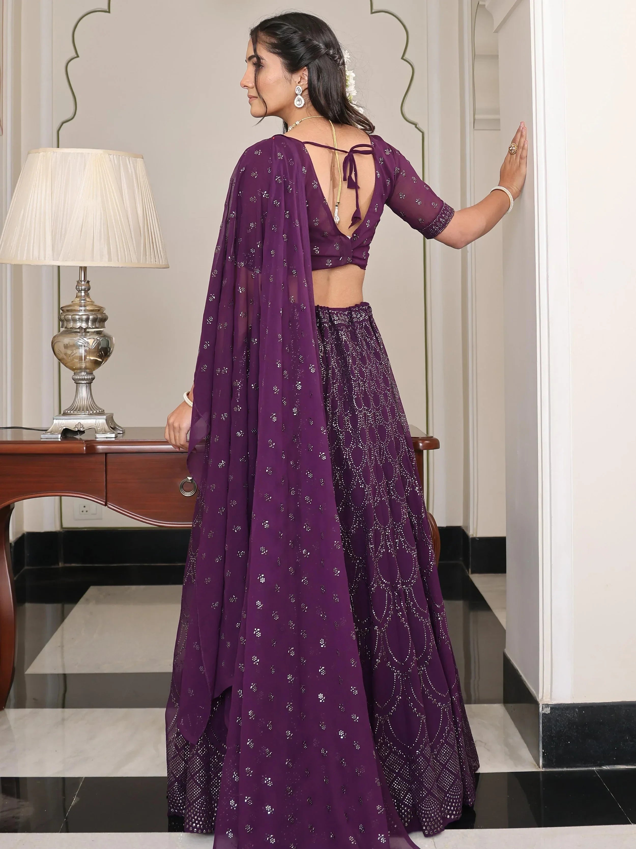 Wine Shimmering Georgette Embroidered Lehenga Choli With Dupatta