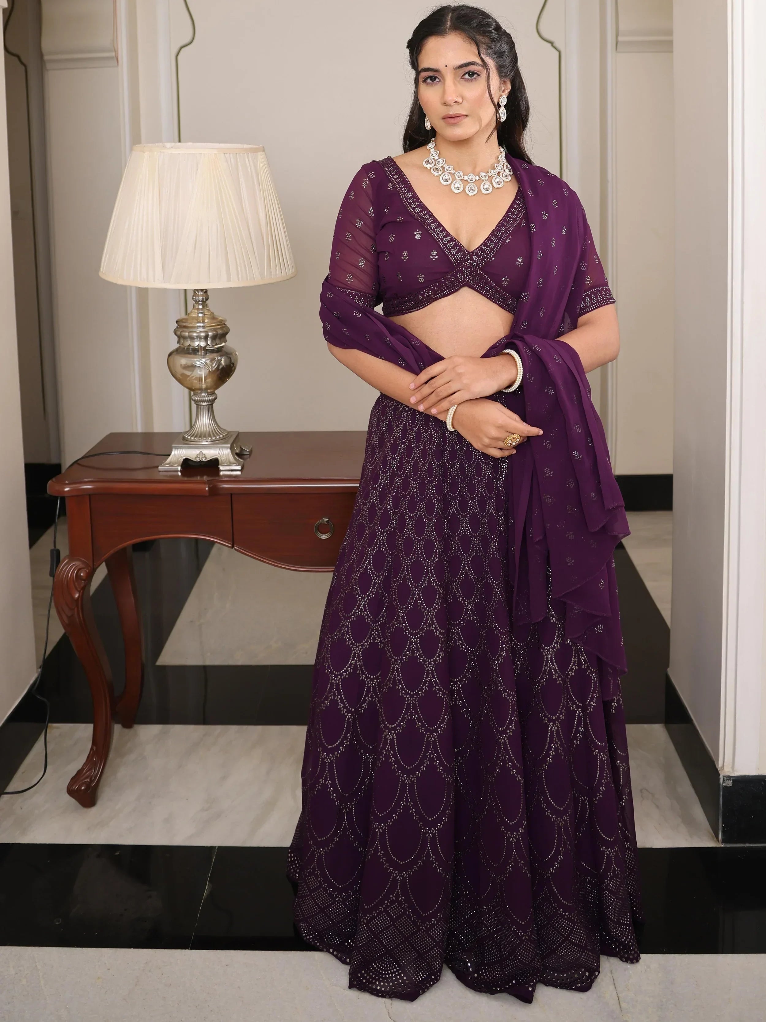 Wine Shimmering Georgette Embroidered Lehenga Choli With Dupatta