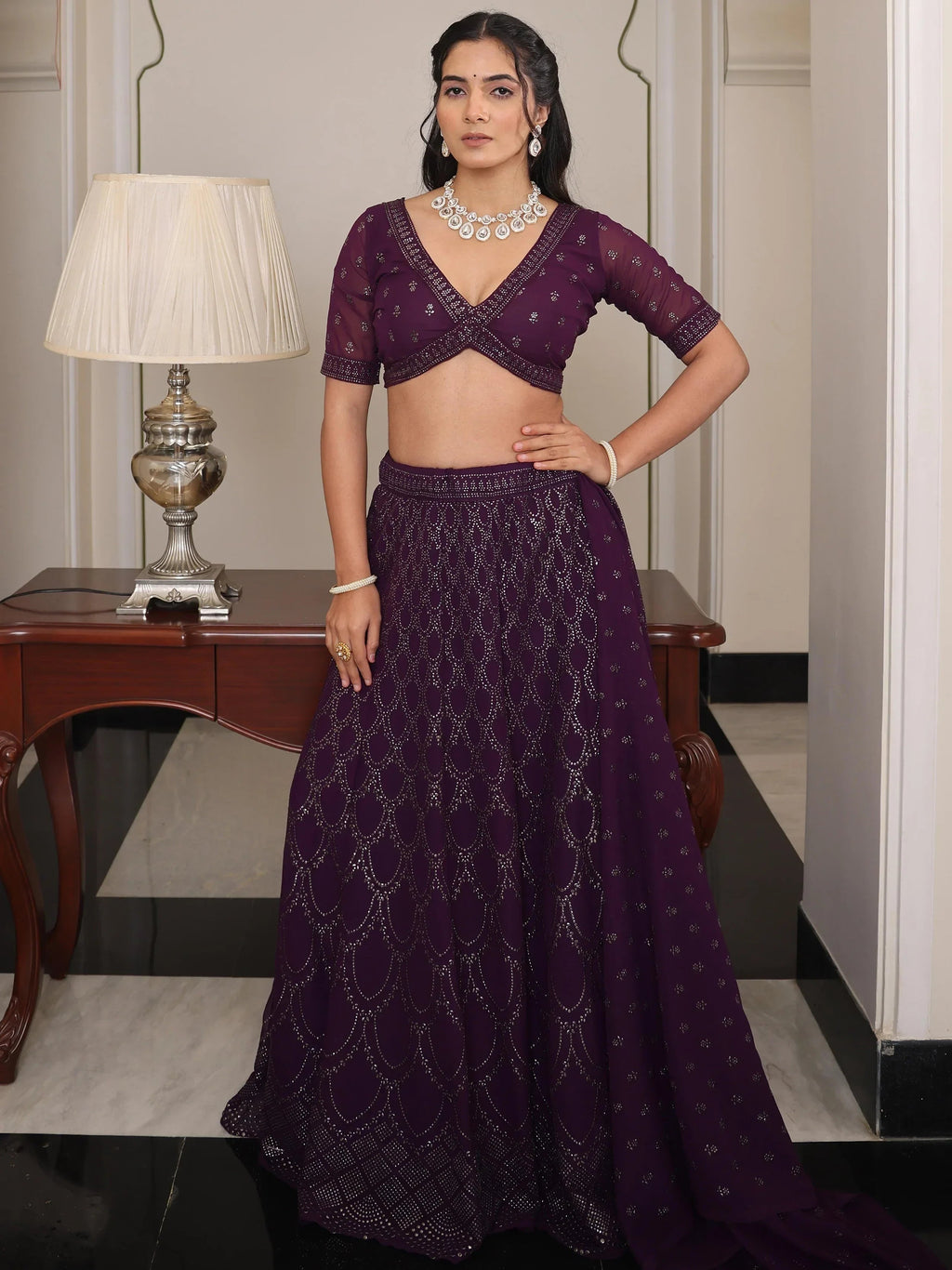 Wine Shimmering Georgette Embroidered Lehenga Choli With Dupatta