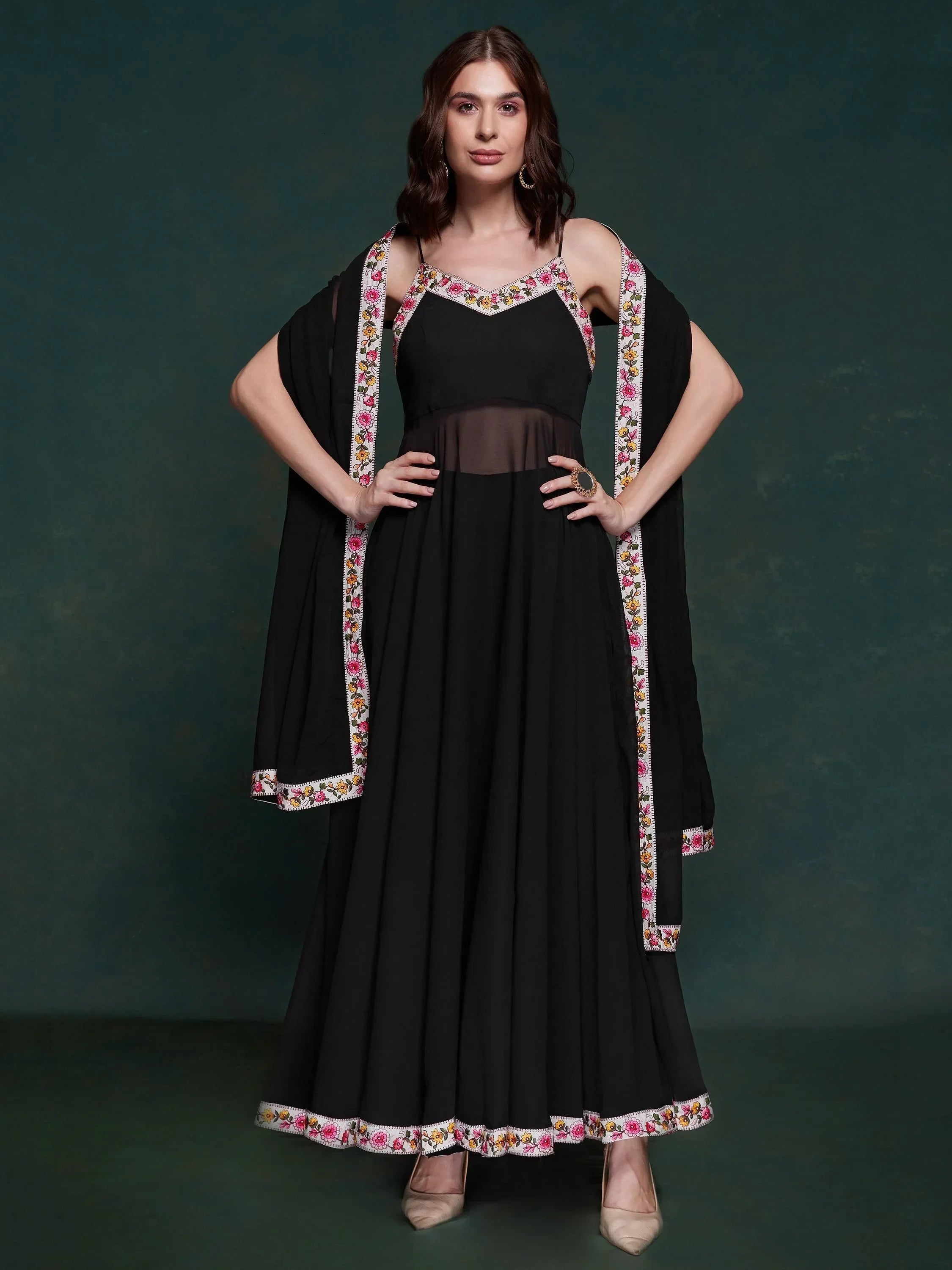 Wonderful Black Georgette Party Wear Long Suit With Dupatta