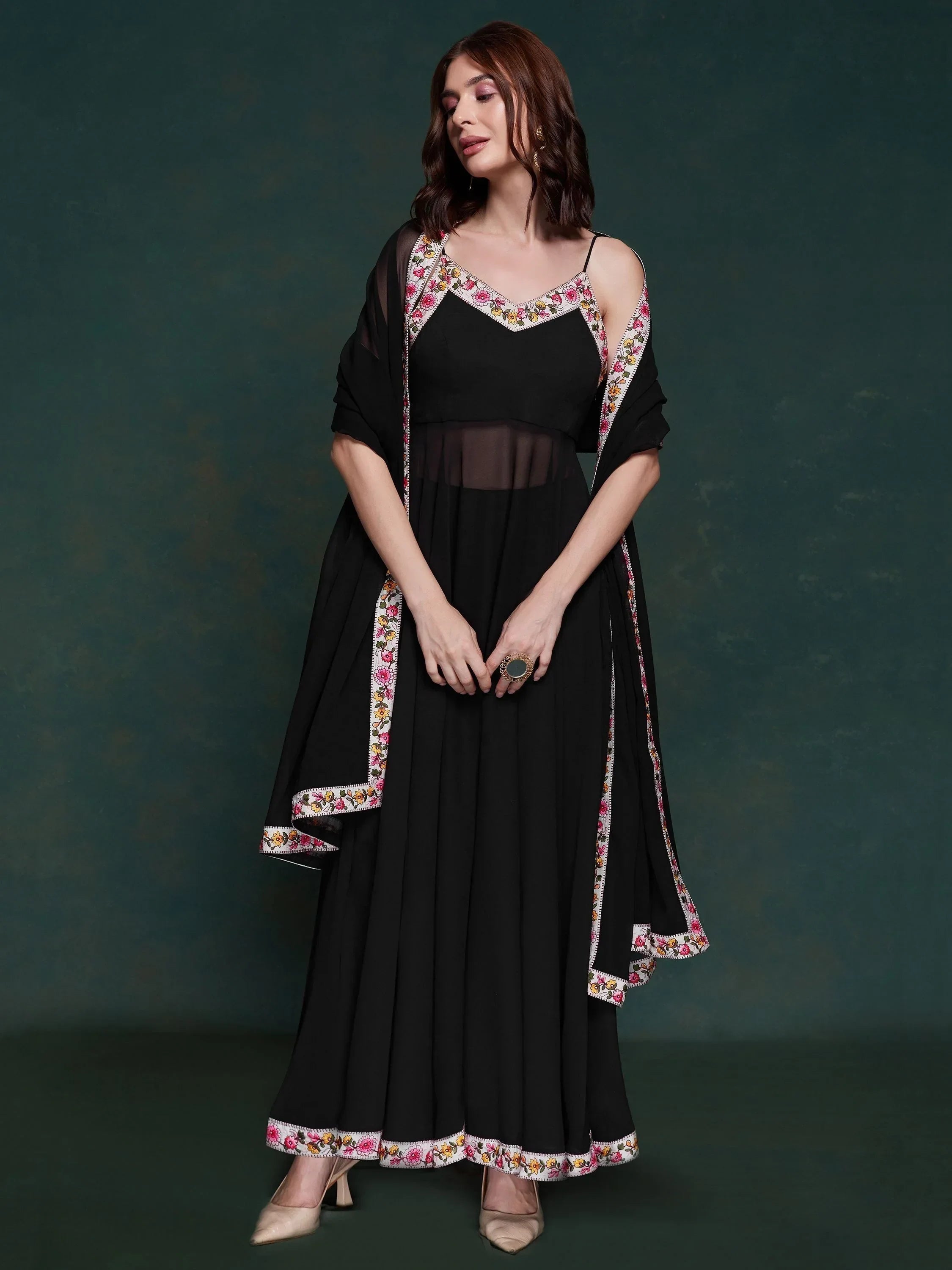 Wonderful Black Georgette Party Wear Long Suit With Dupatta