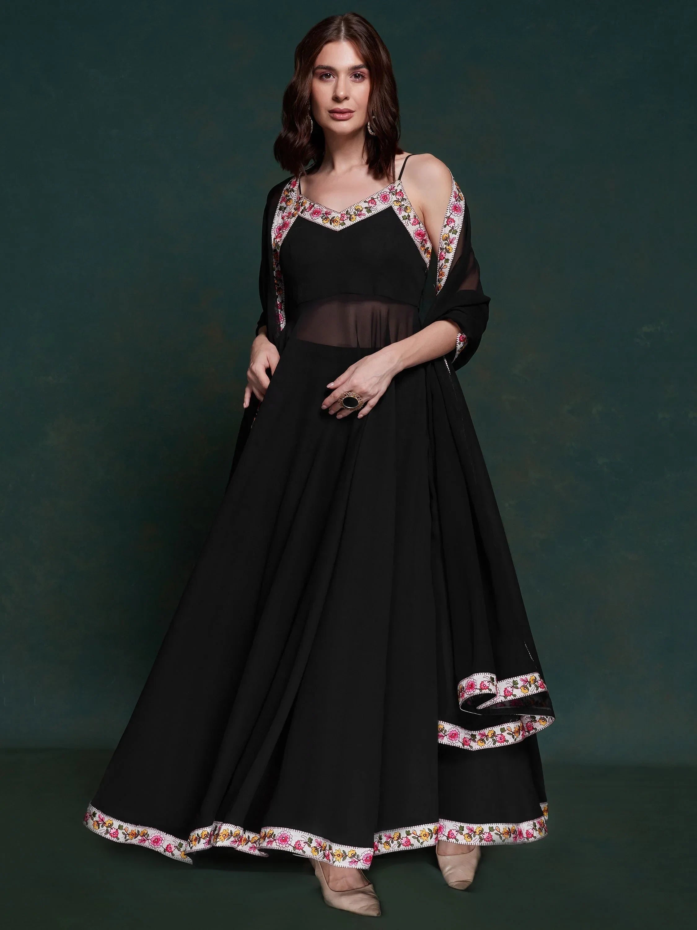 Wonderful Black Georgette Party Wear Long Suit With Dupatta