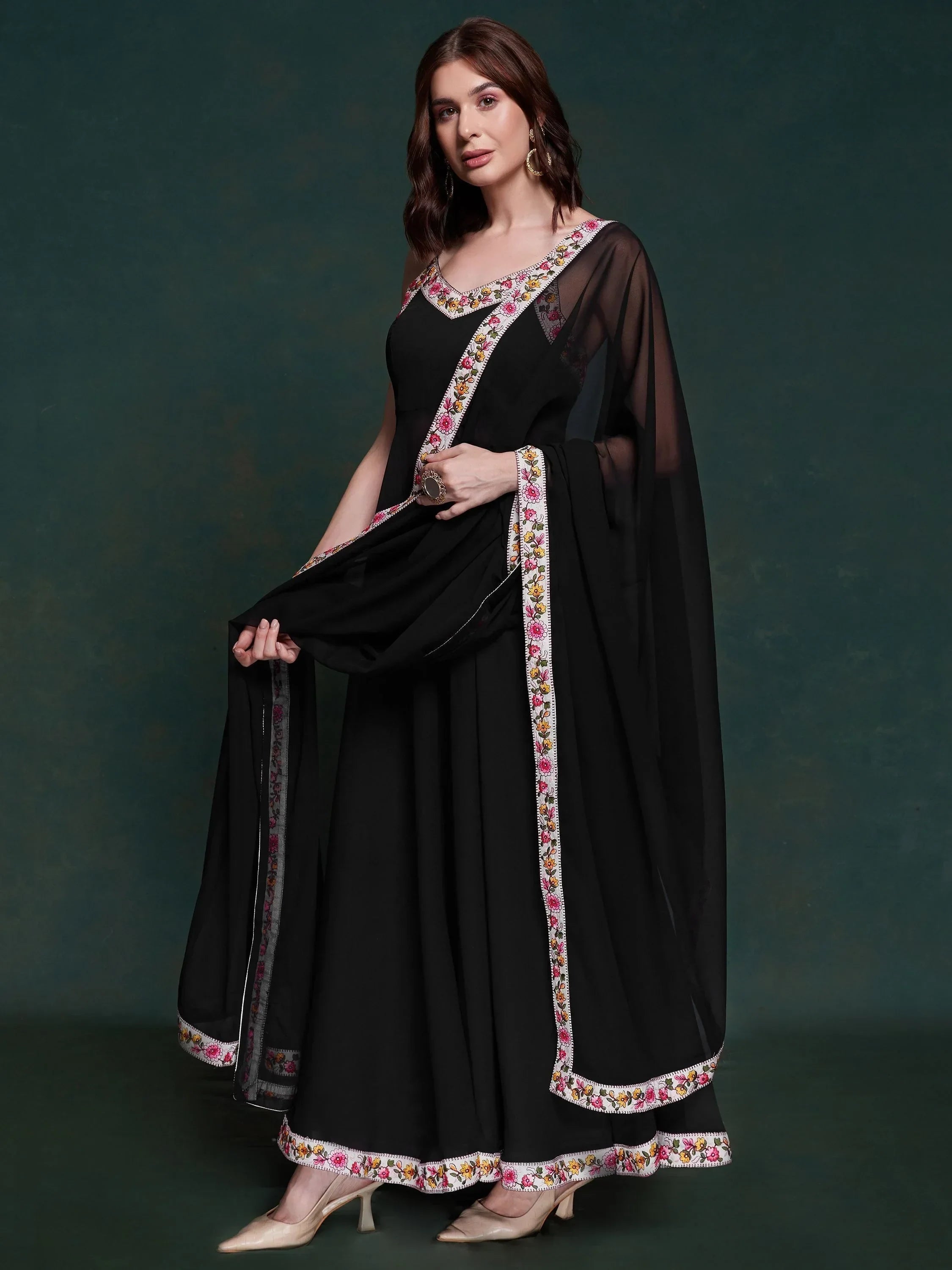 Wonderful Black Georgette Party Wear Long Suit With Dupatta