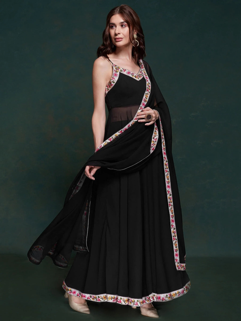 Wonderful Black Georgette Party Wear Long Suit With Dupatta