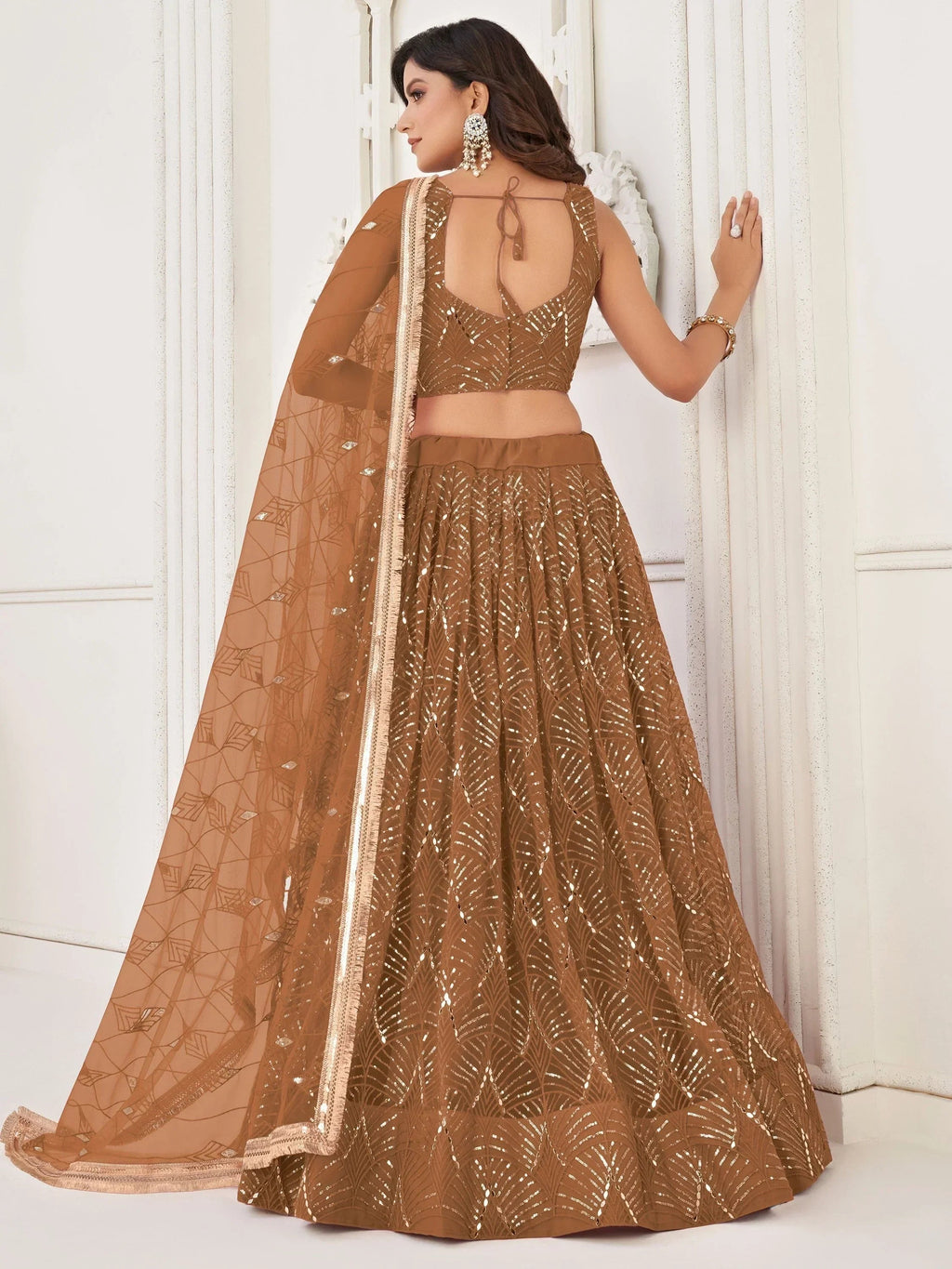 Astonishing Brown Sequins Net Bridesmaid Lehenga Choli With Dupatta