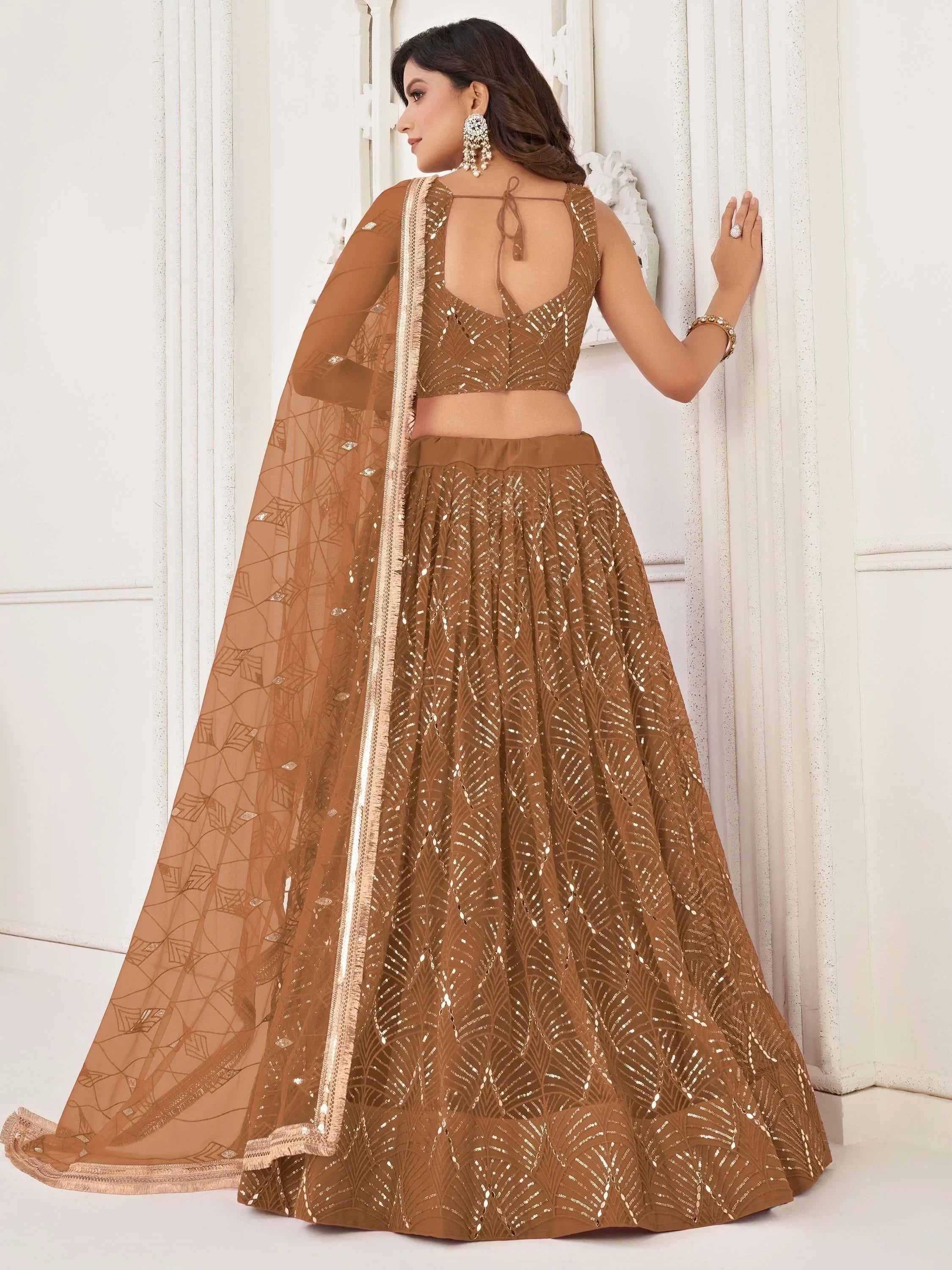 Astonishing Brown Sequins Net Bridesmaid Lehenga Choli With Dupatta