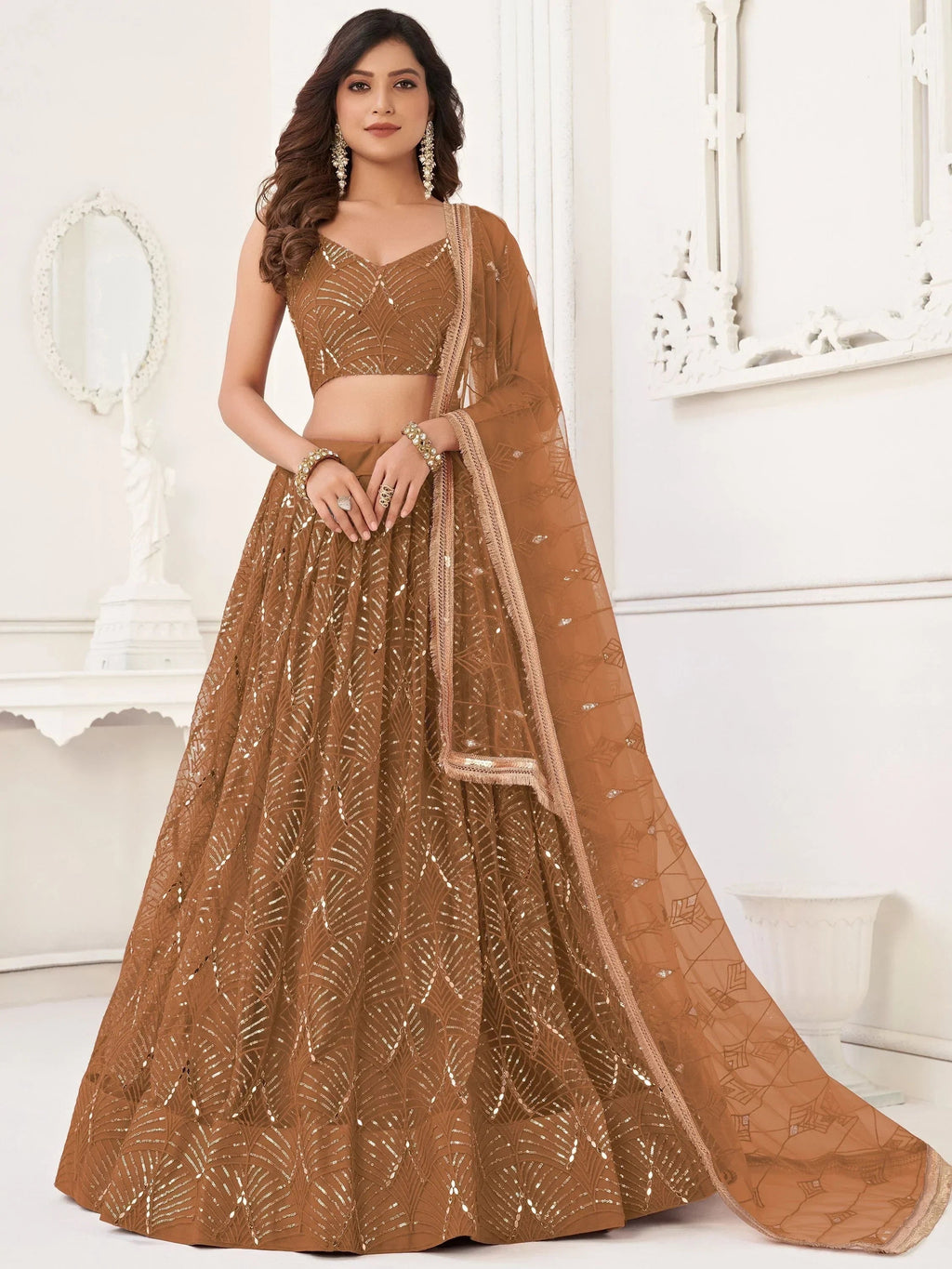 Astonishing Brown Sequins Net Bridesmaid Lehenga Choli With Dupatta