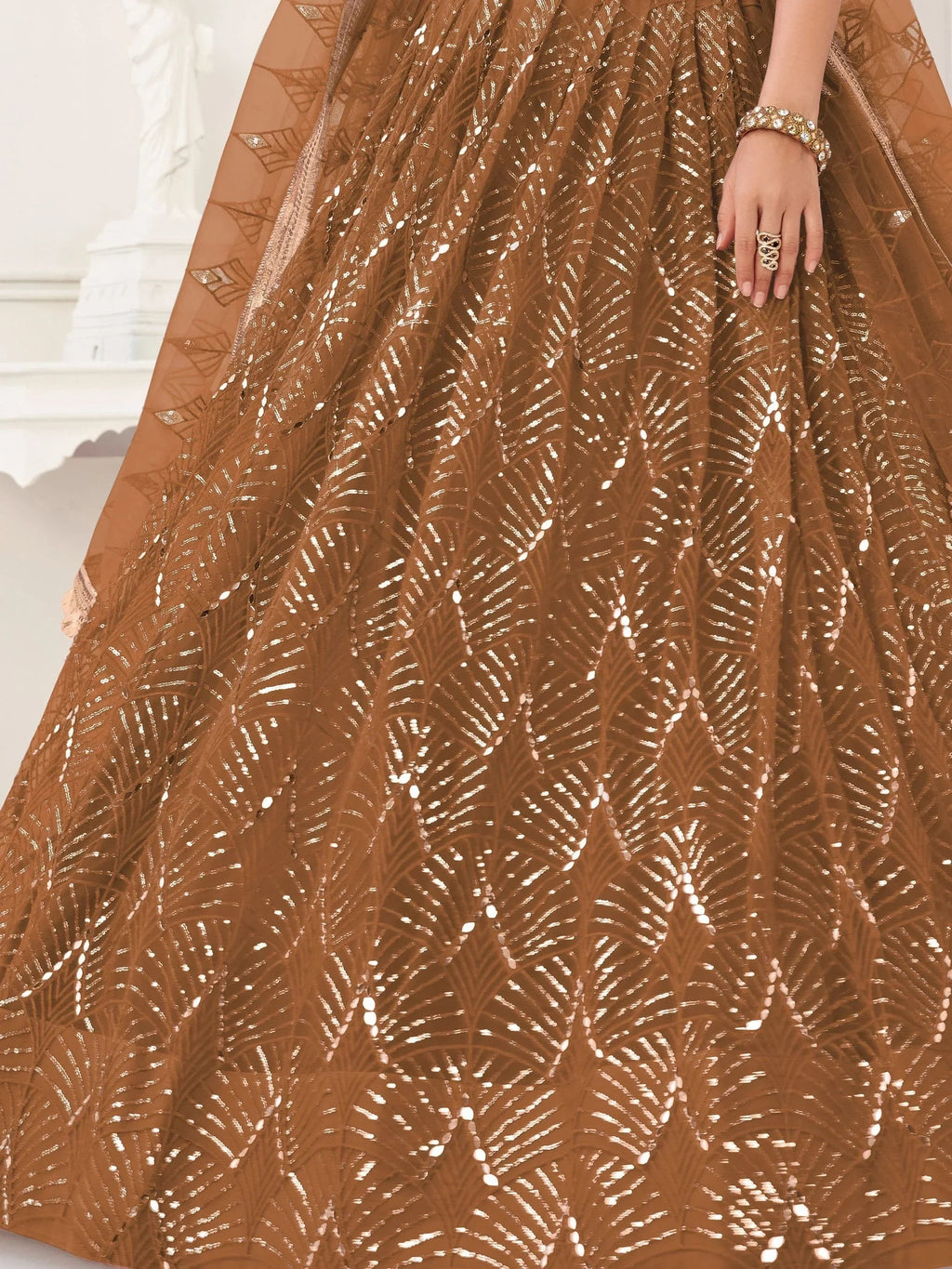 Astonishing Brown Sequins Net Bridesmaid Lehenga Choli With Dupatta