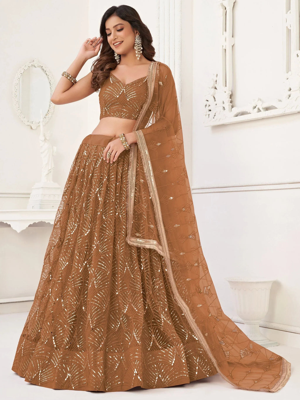 Astonishing Brown Sequins Net Bridesmaid Lehenga Choli With Dupatta