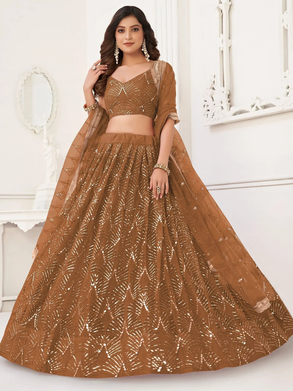 Astonishing Brown Sequins Net Bridesmaid Lehenga Choli With Dupatta