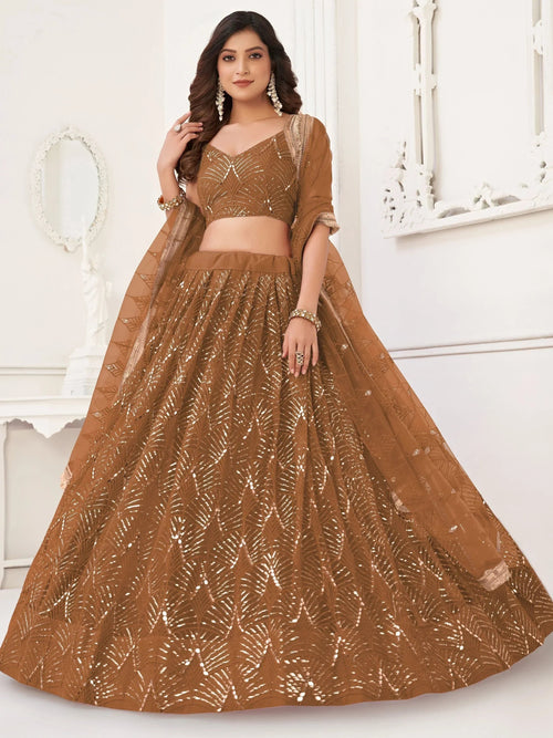 Astonishing Brown Sequins Net Bridesmaid Lehenga Choli With Dupatta