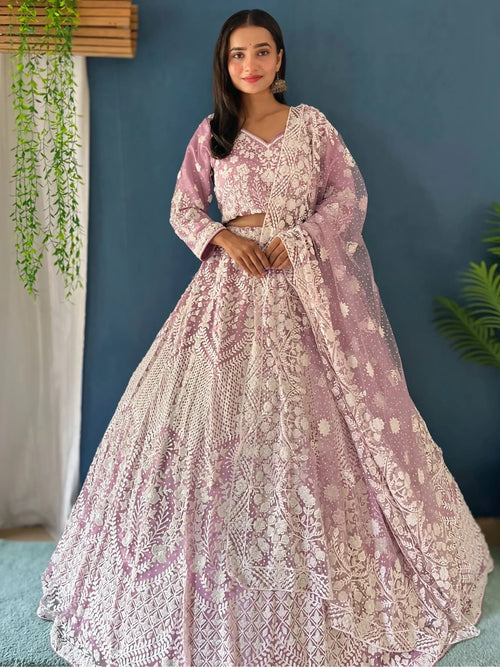 Astonishing Lilac Pearl Work Net Reception Wear Lehenga Choli