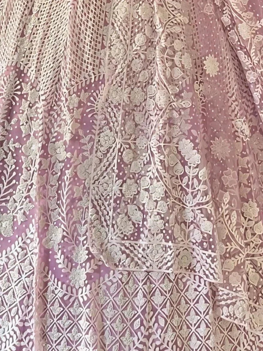 Astonishing Lilac Pearl Work Net Reception Wear Lehenga Choli