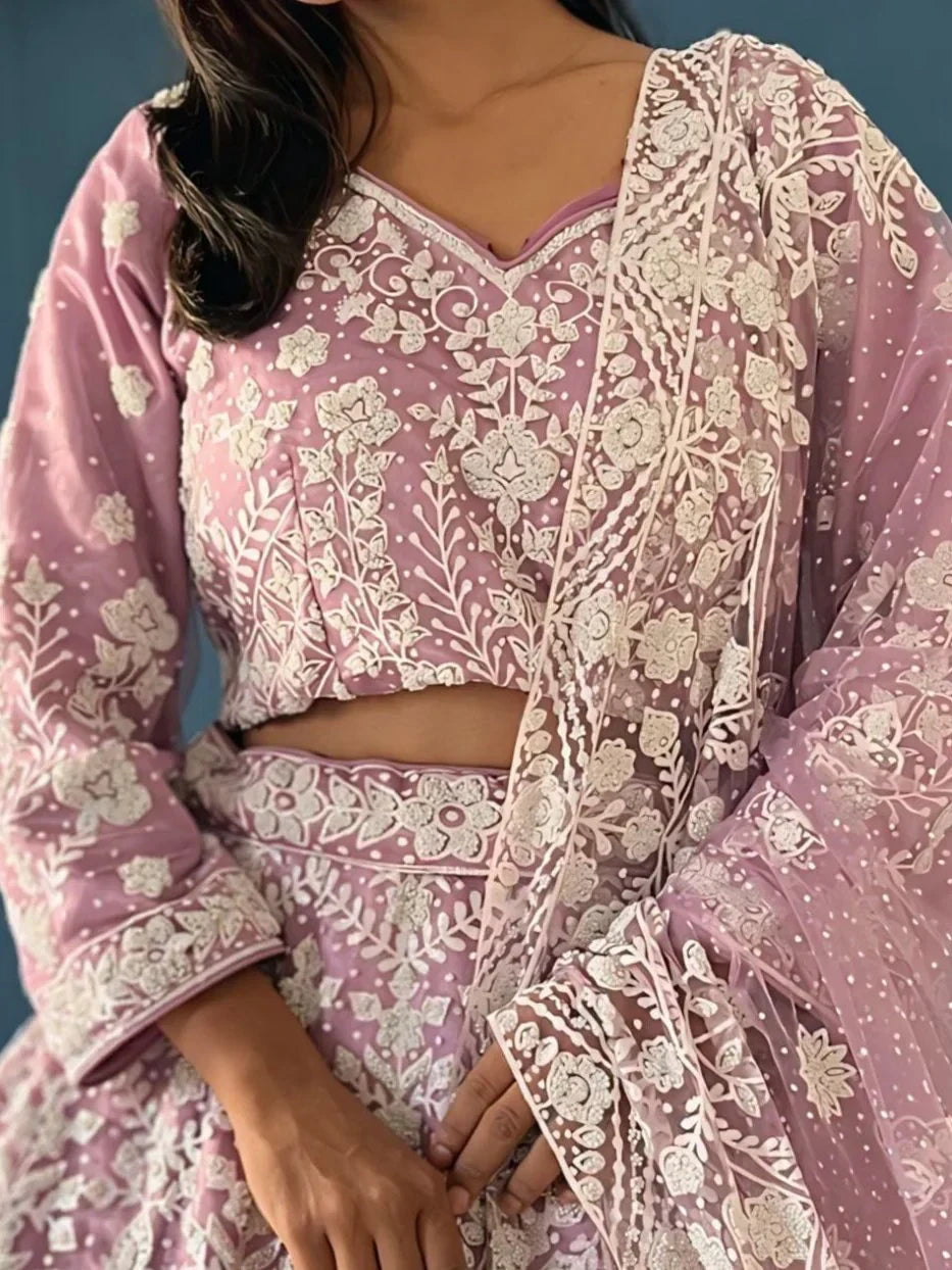 Astonishing Lilac Pearl Work Net Reception Wear Lehenga Choli
