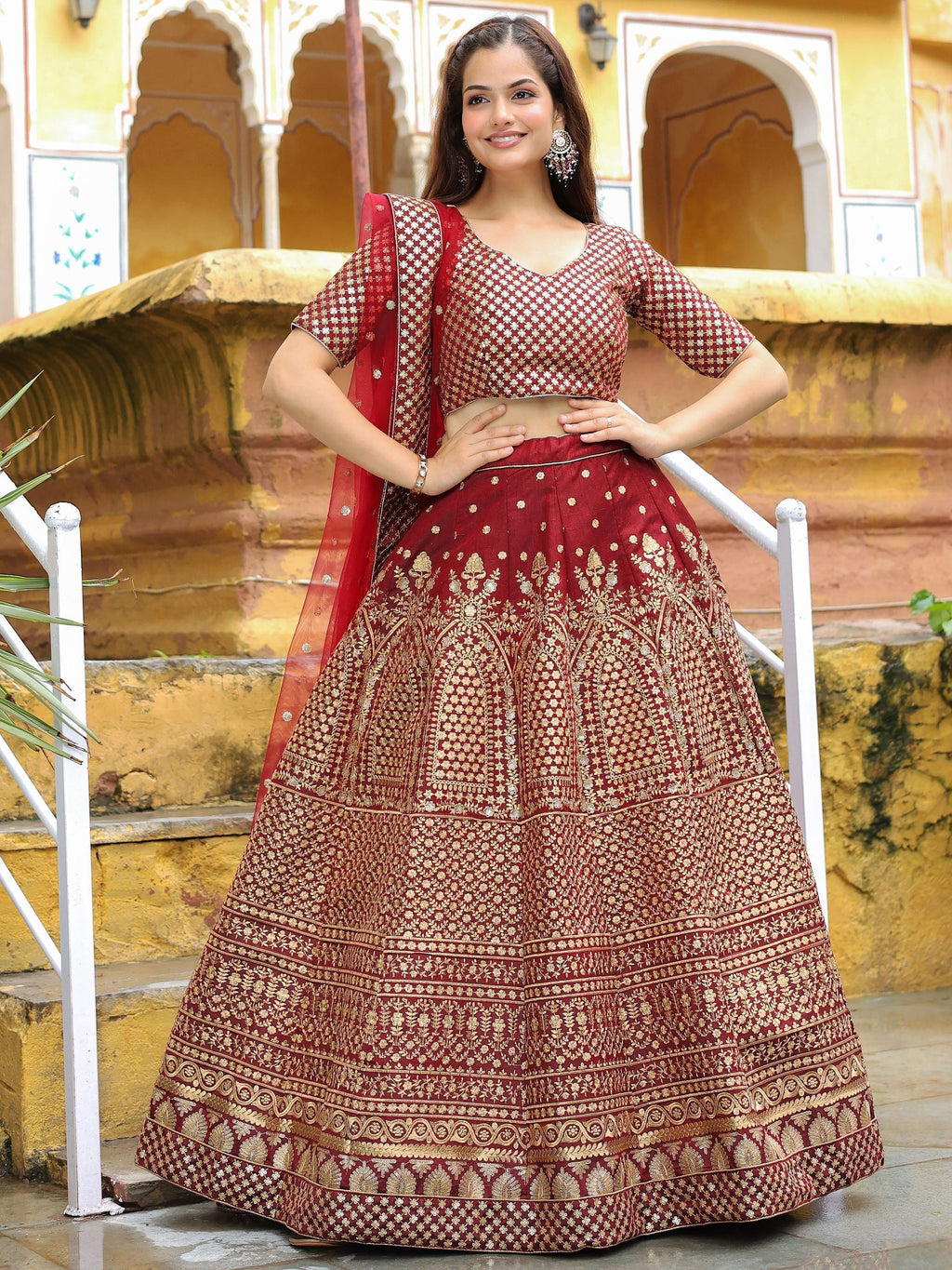 Astonishing Maroon Sequins Raw Silk Wedding Wear Lehenga Choli