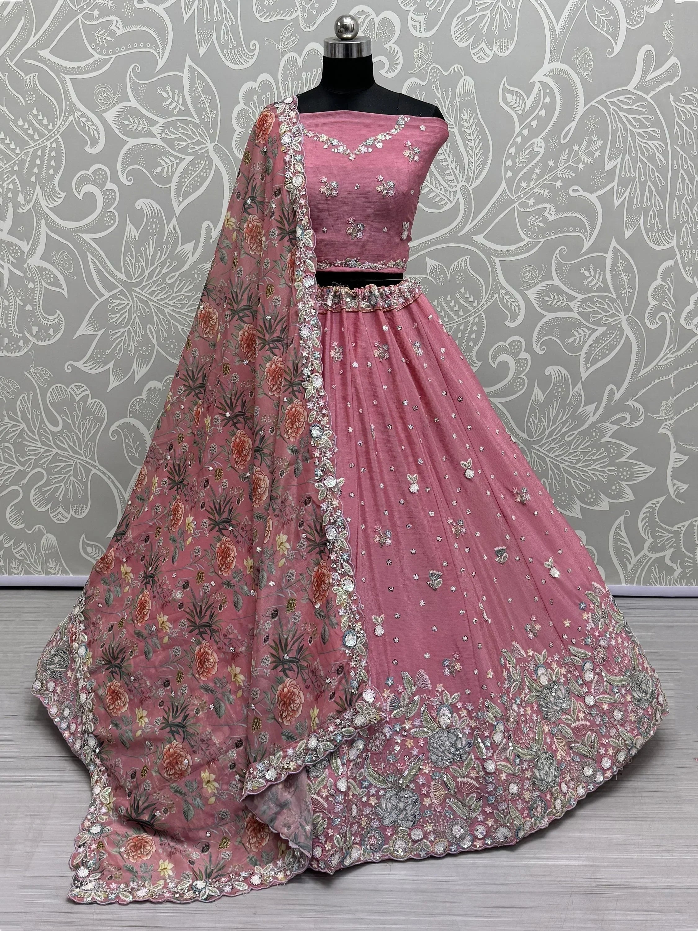 Pink Incredible Sequins Chinon Sangeet Wear Lehenga Choli