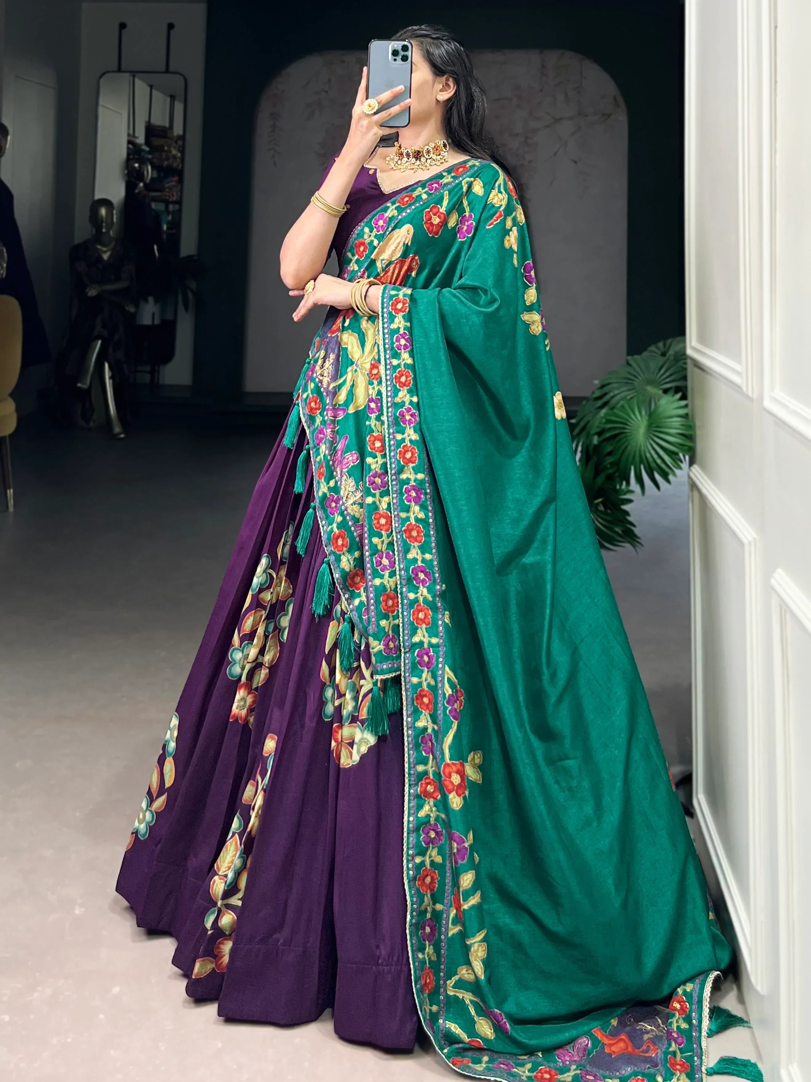 Purple Astonishing Foil Printed Tussar Silk Festive Wear Lehenga Choli
