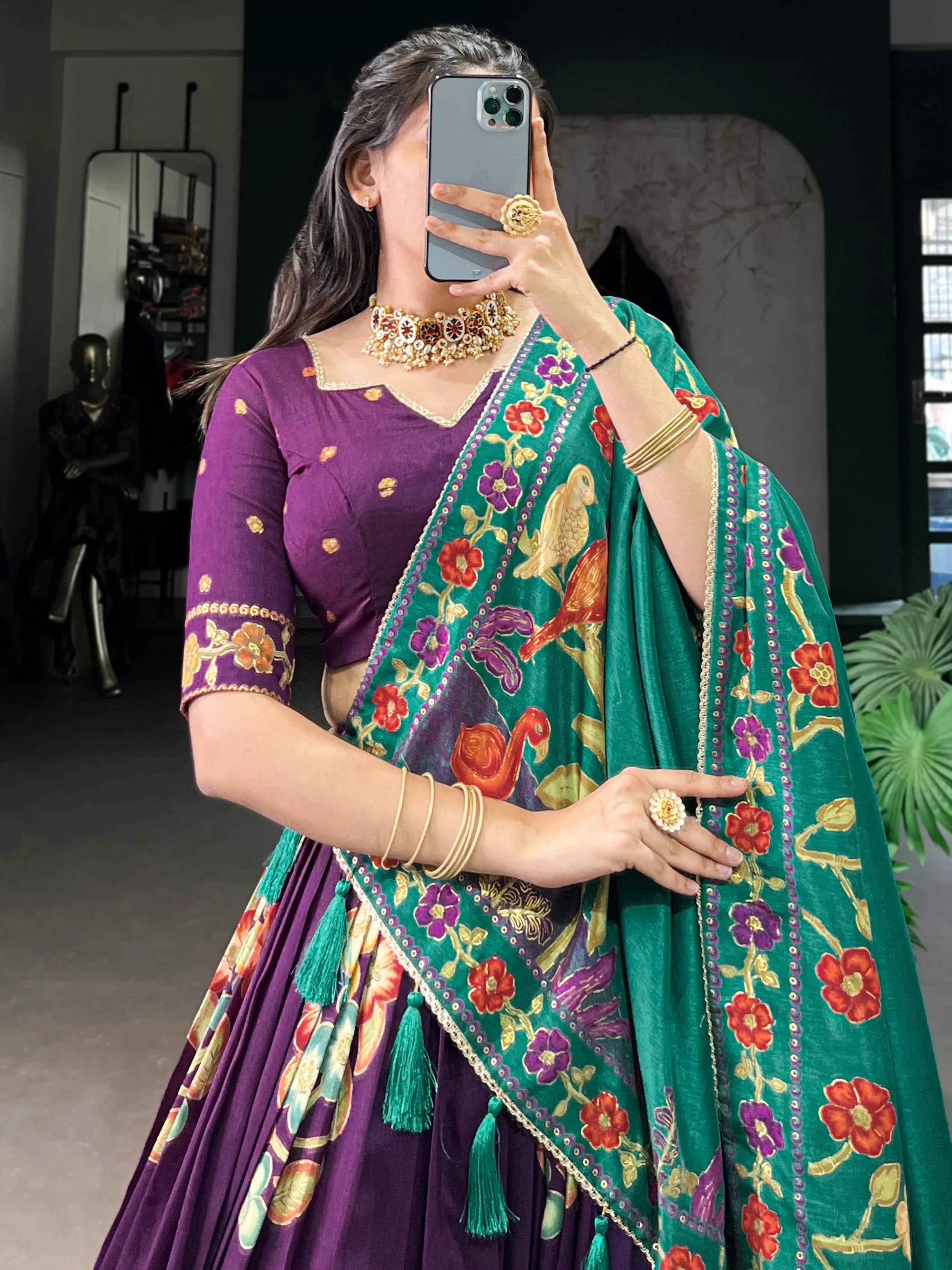 Purple Astonishing Foil Printed Tussar Silk Festive Wear Lehenga Choli