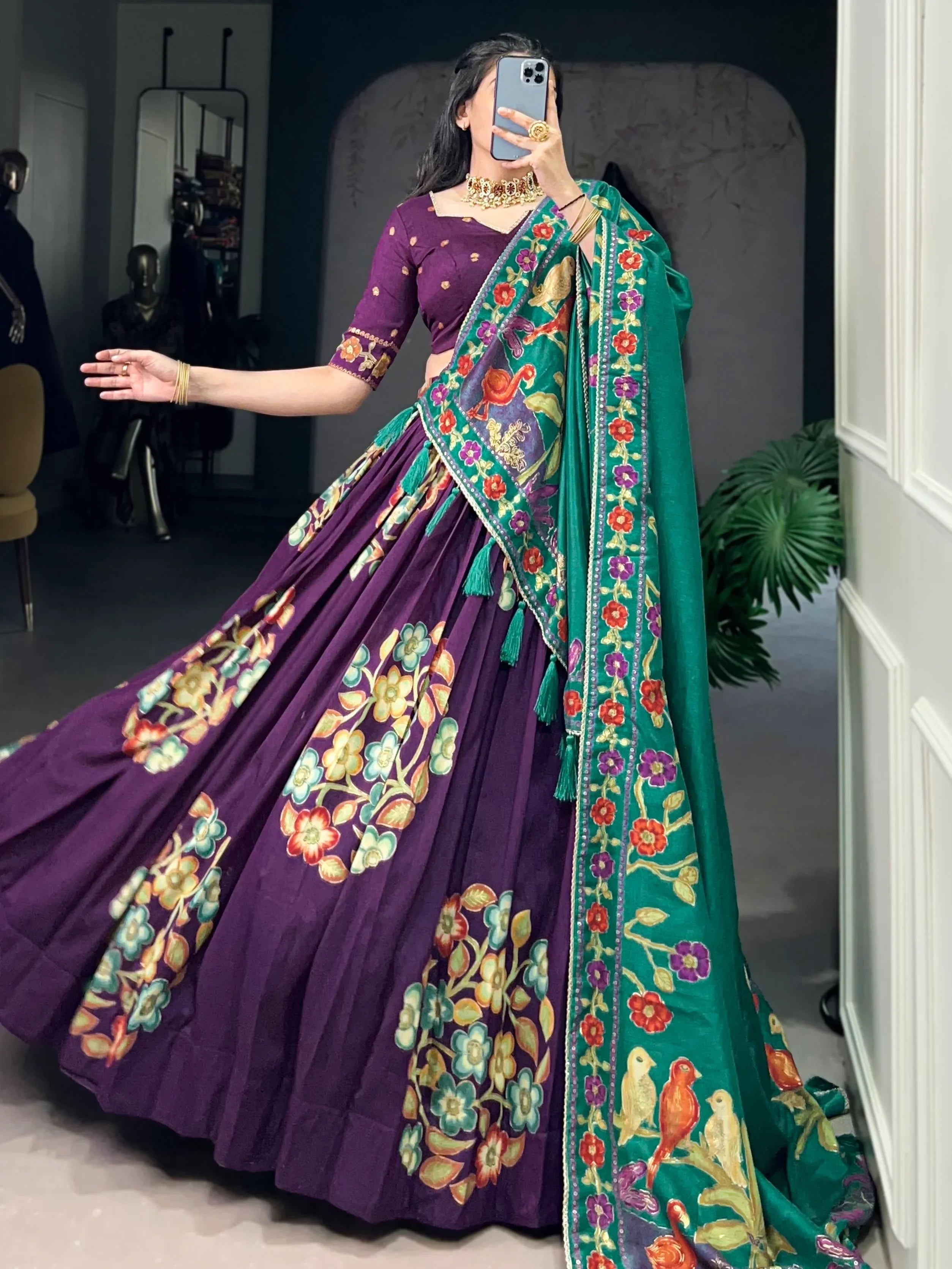 Purple Astonishing Foil Printed Tussar Silk Festive Wear Lehenga Choli