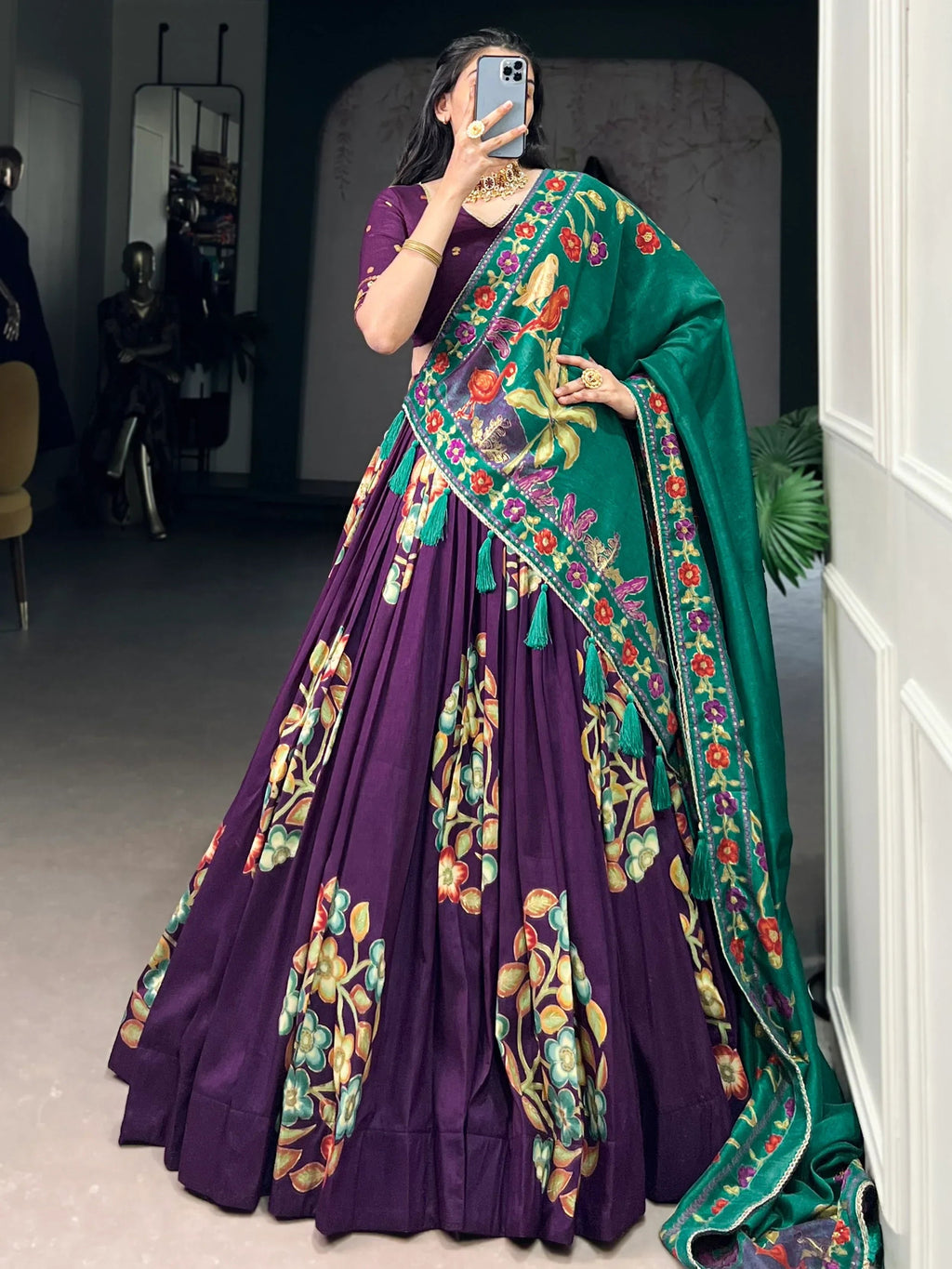 Purple Astonishing Foil Printed Tussar Silk Festive Wear Lehenga Choli