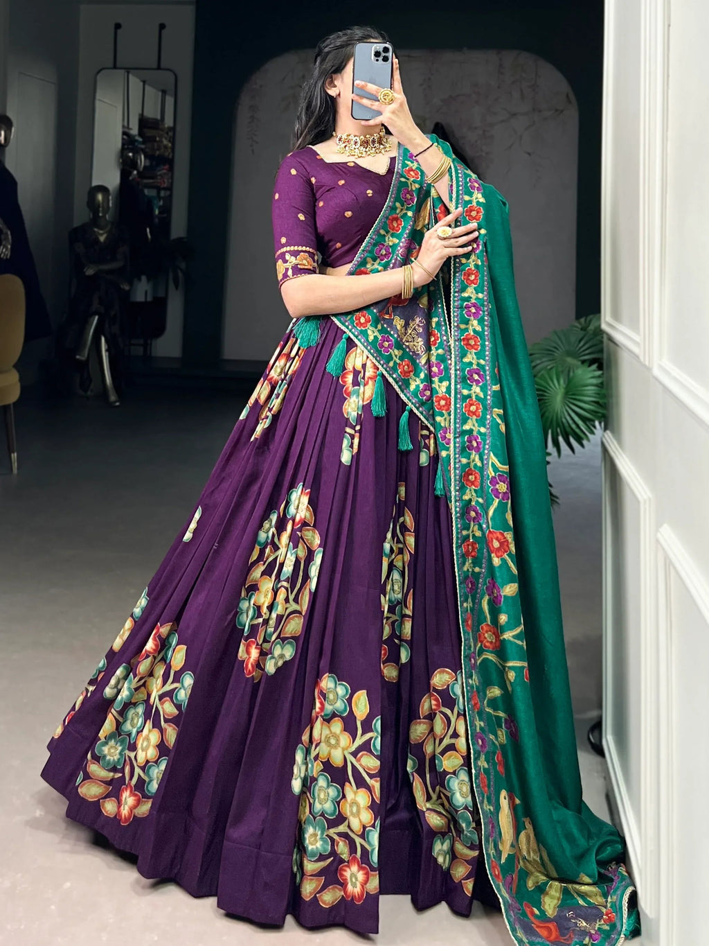 Purple Astonishing Foil Printed Tussar Silk Festive Wear Lehenga Choli