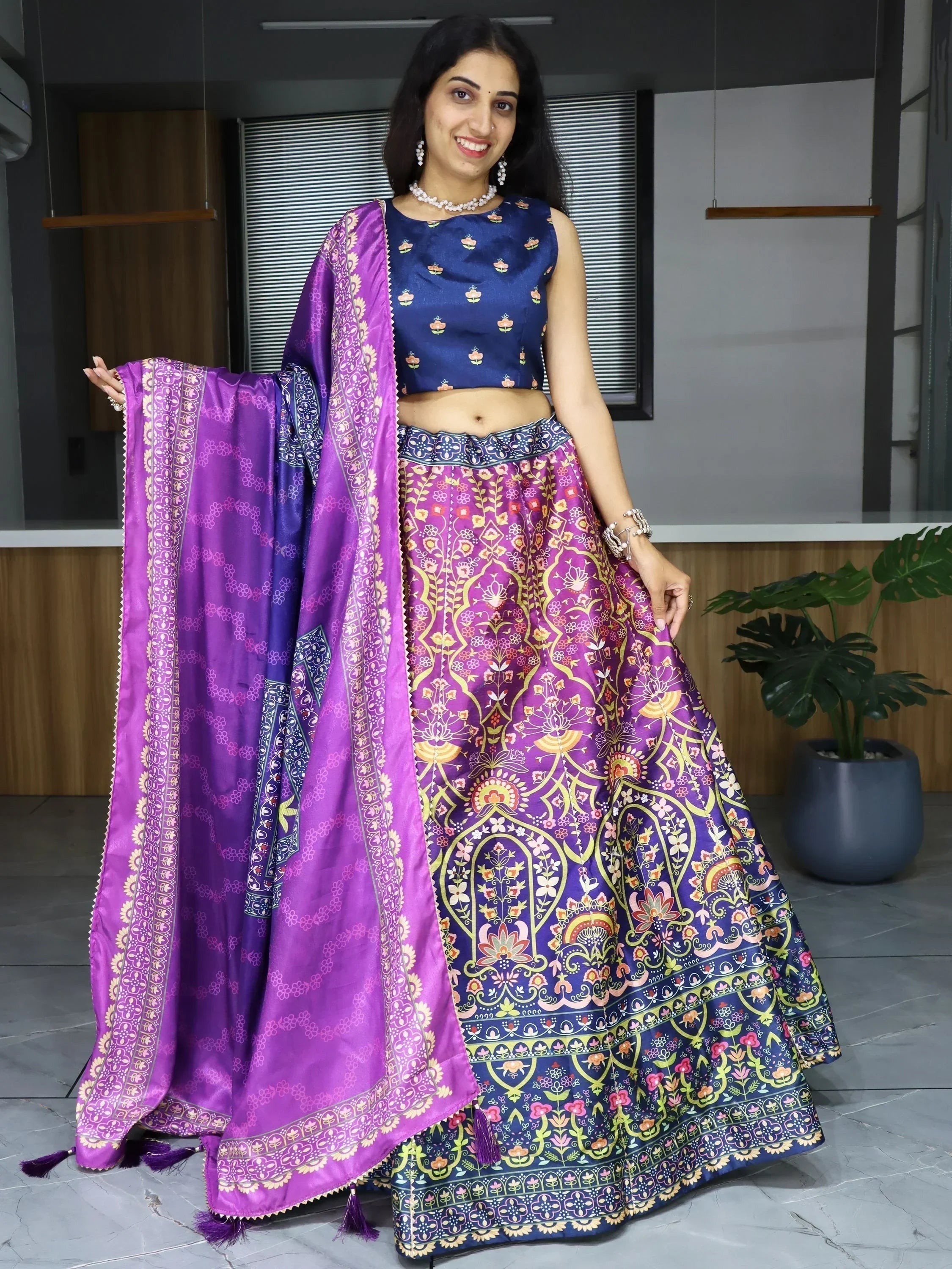 Purple Sweet Printed Art Silk Event Wear Lehenga Choli With Dupatta