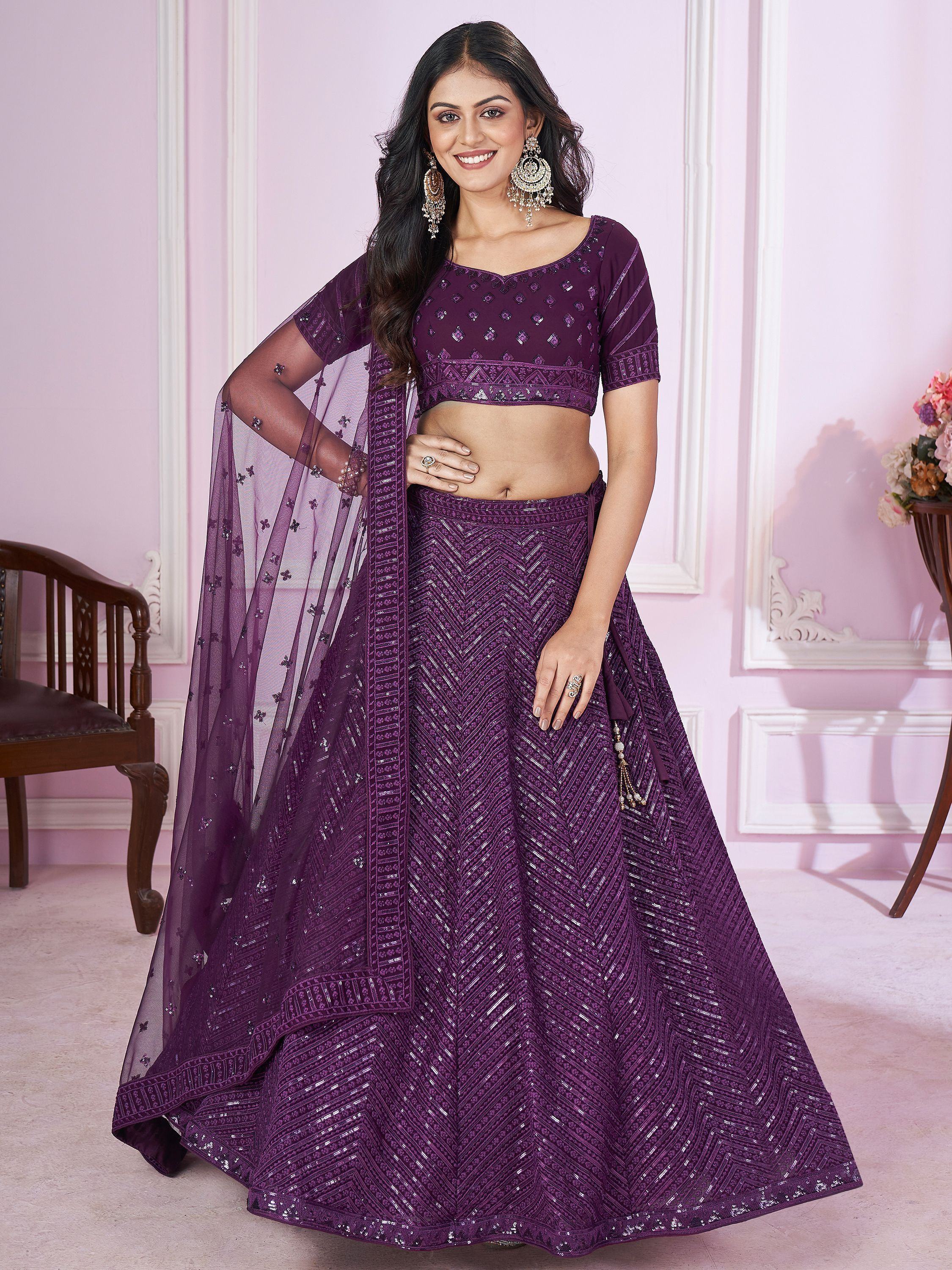 Astonishing Purple Sequins Georgette Engagement Wear Lehenga Choli