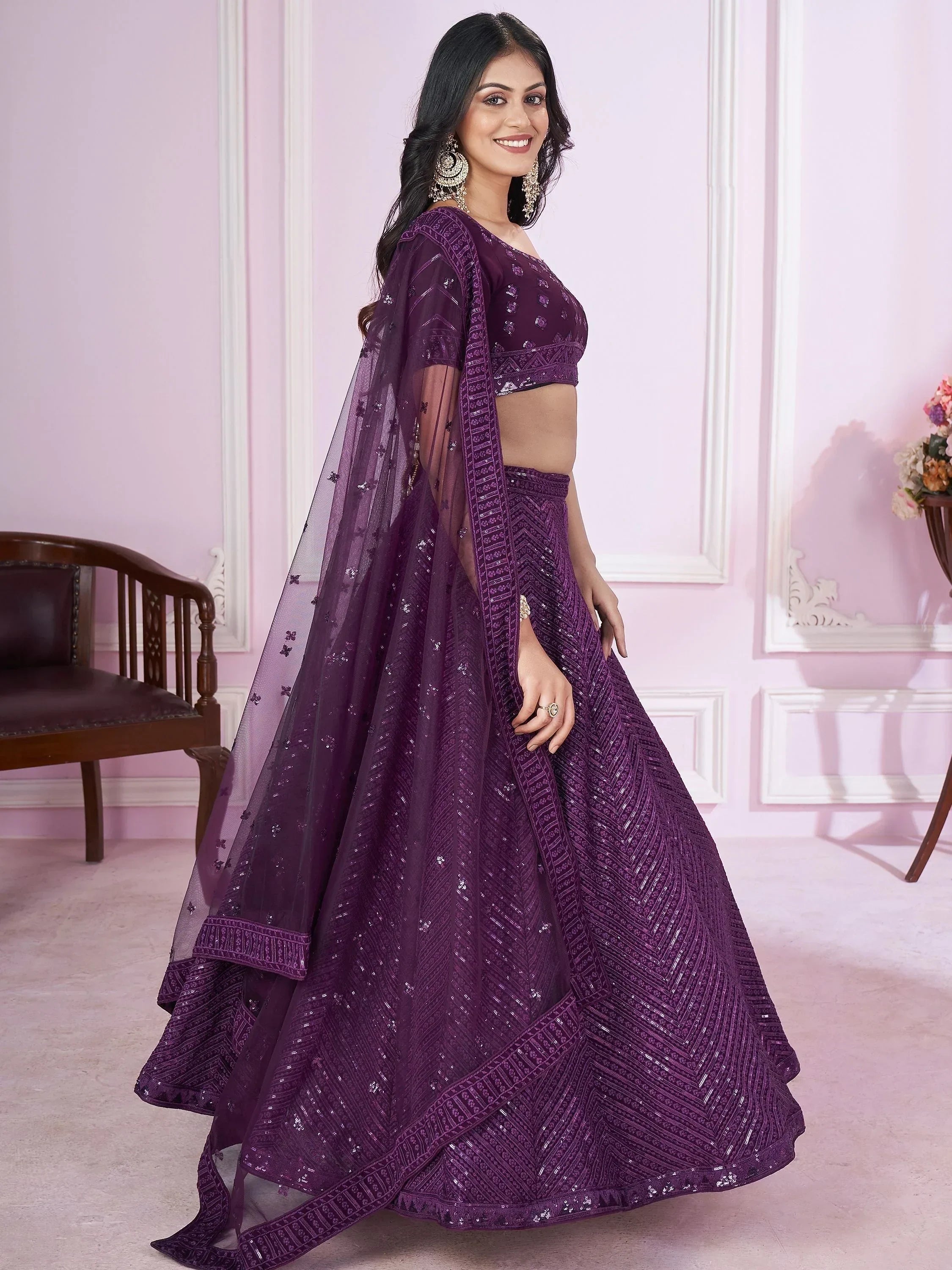 Astonishing Purple Sequins Georgette Engagement Wear Lehenga Choli