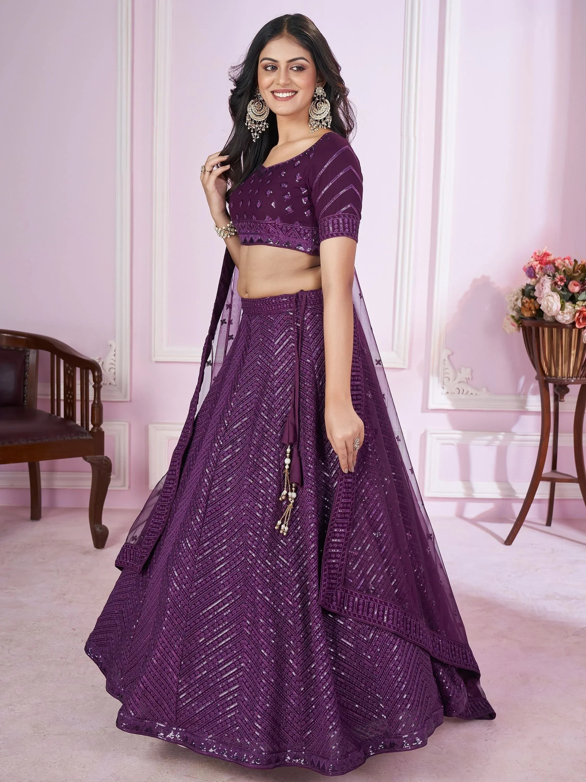 Astonishing Purple Sequins Georgette Engagement Wear Lehenga Choli