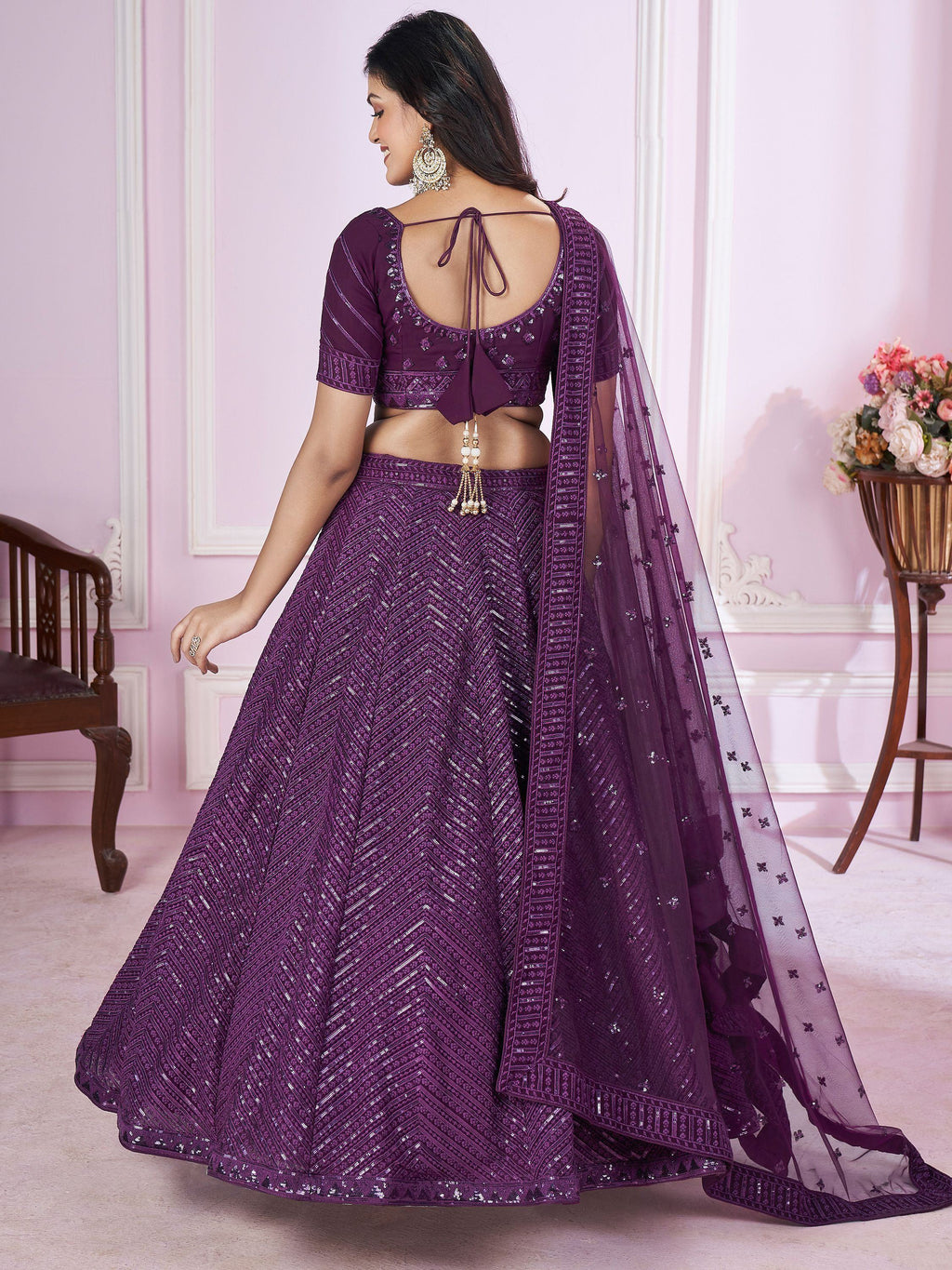 Astonishing Purple Sequins Georgette Engagement Wear Lehenga Choli