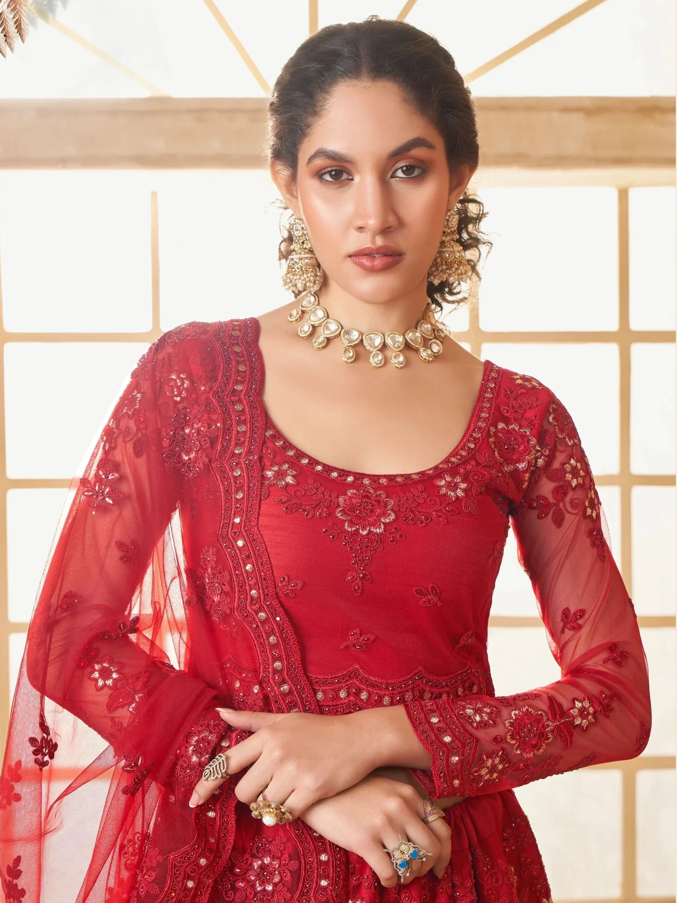 Astonishing Red Embroidered Net Bridesmaid Lehenga Choli