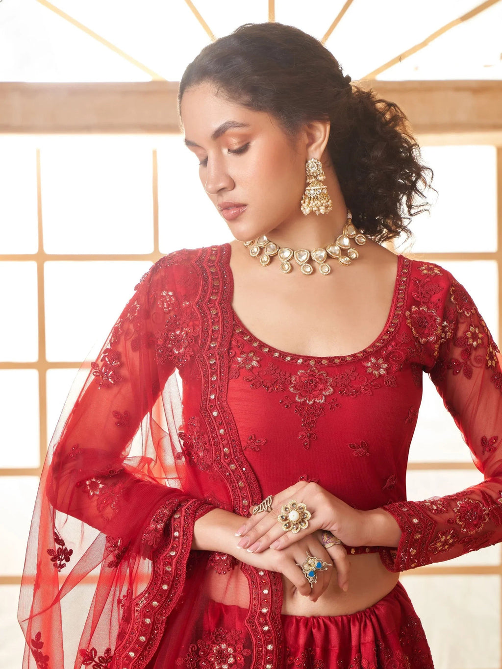 Astonishing Red Embroidered Net Bridesmaid Lehenga Choli